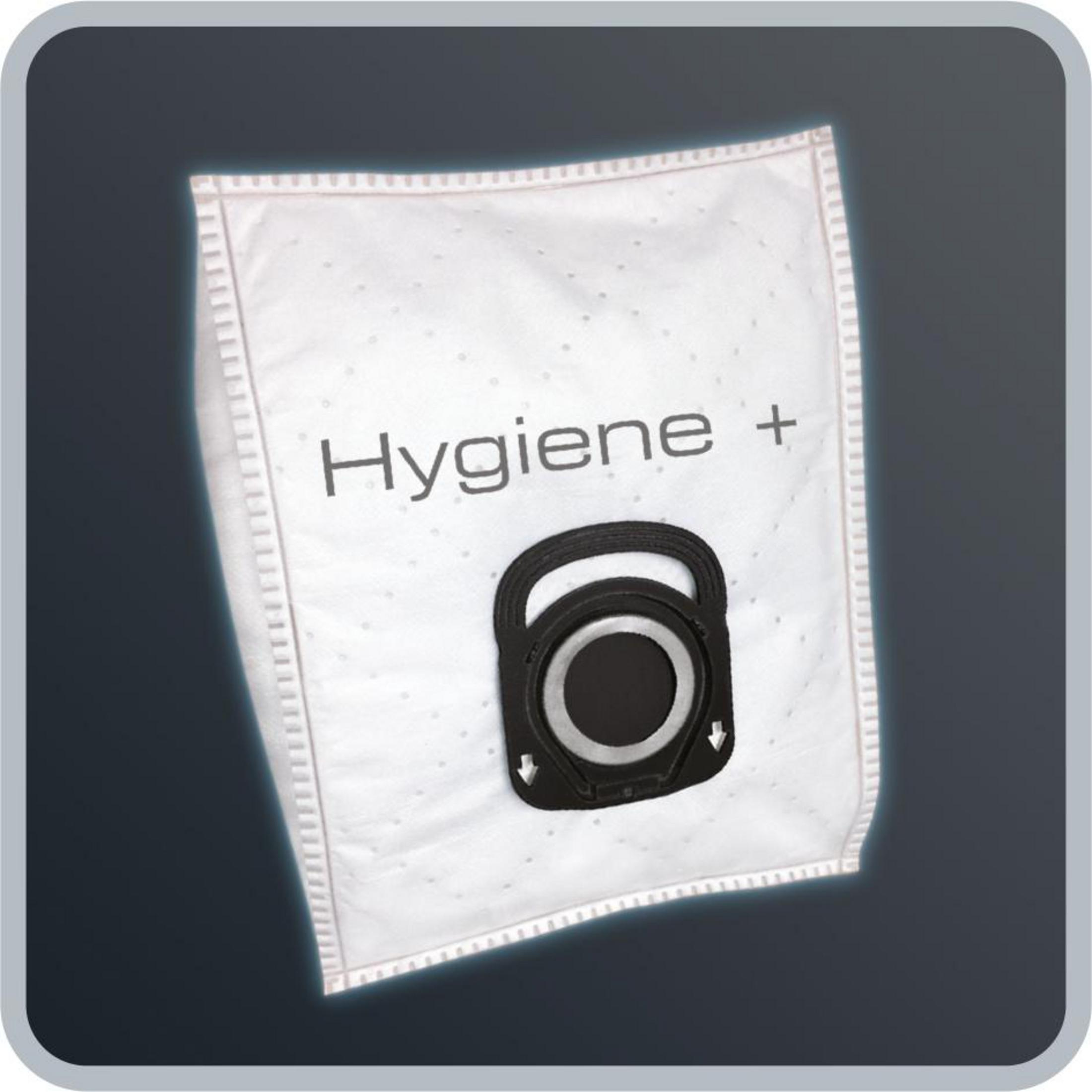 Ein weißer Staubsaugerbeutel mit schwarzem Anschluss und der Aufschrift „Hygiene +“.