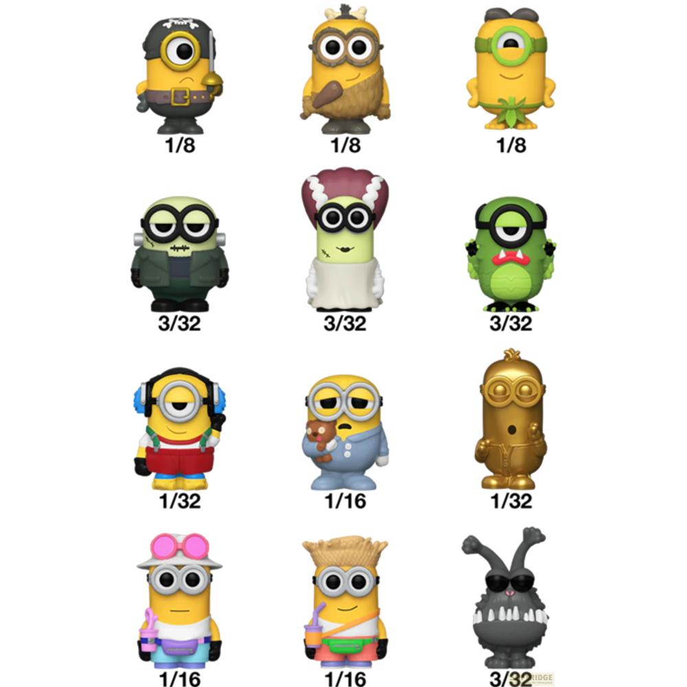 Zwölf Minion-Figuren: Pirat, Höhlenmensch, Pflanze, Zombie, Braut, Drache, DJ, Teddybär, Gold, Sonnenbrille, Grasrock, Monster.
