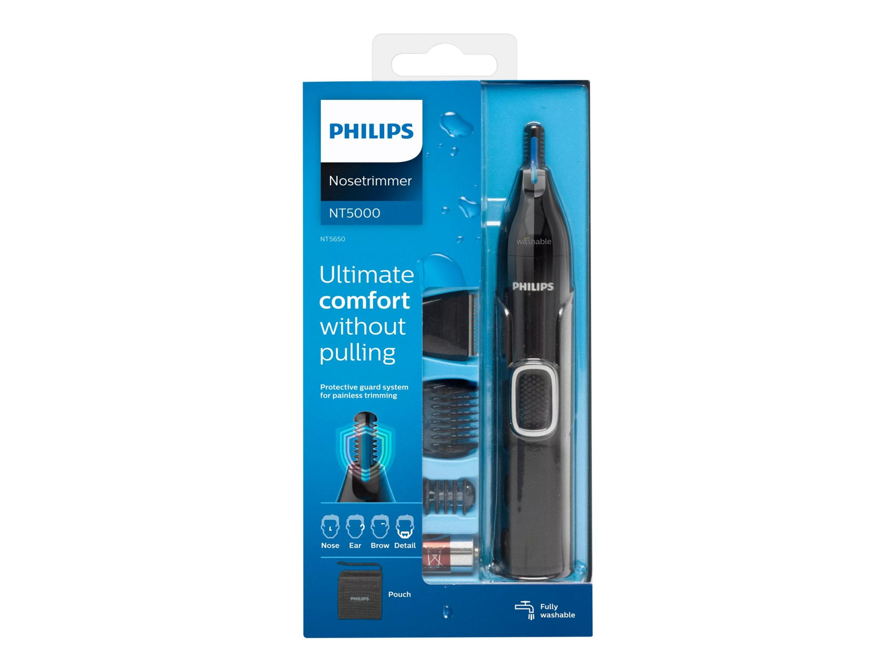 Trymer do nosa Philips NT5000 w opakowaniu z akcesoriami.