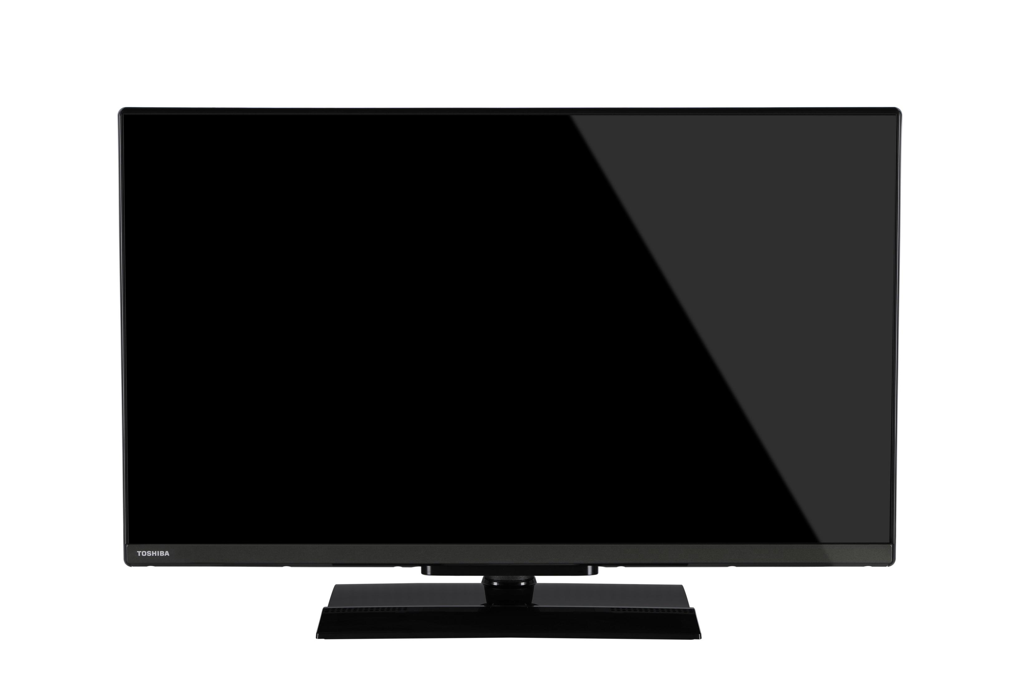 Un televisore Toshiba nero con una base larga, su sfondo bianco.