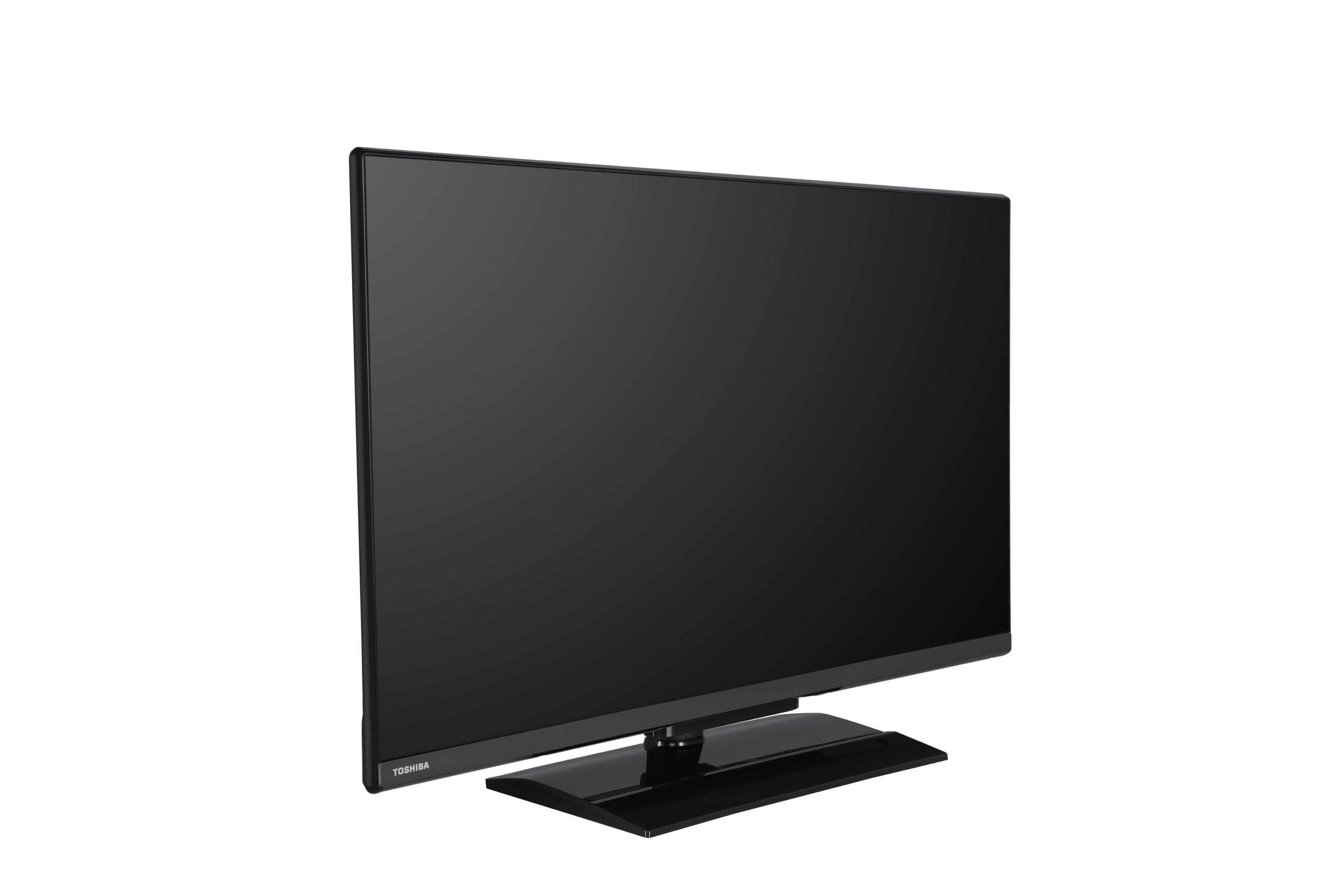 Un televisore Toshiba nero con supporto su sfondo bianco.
