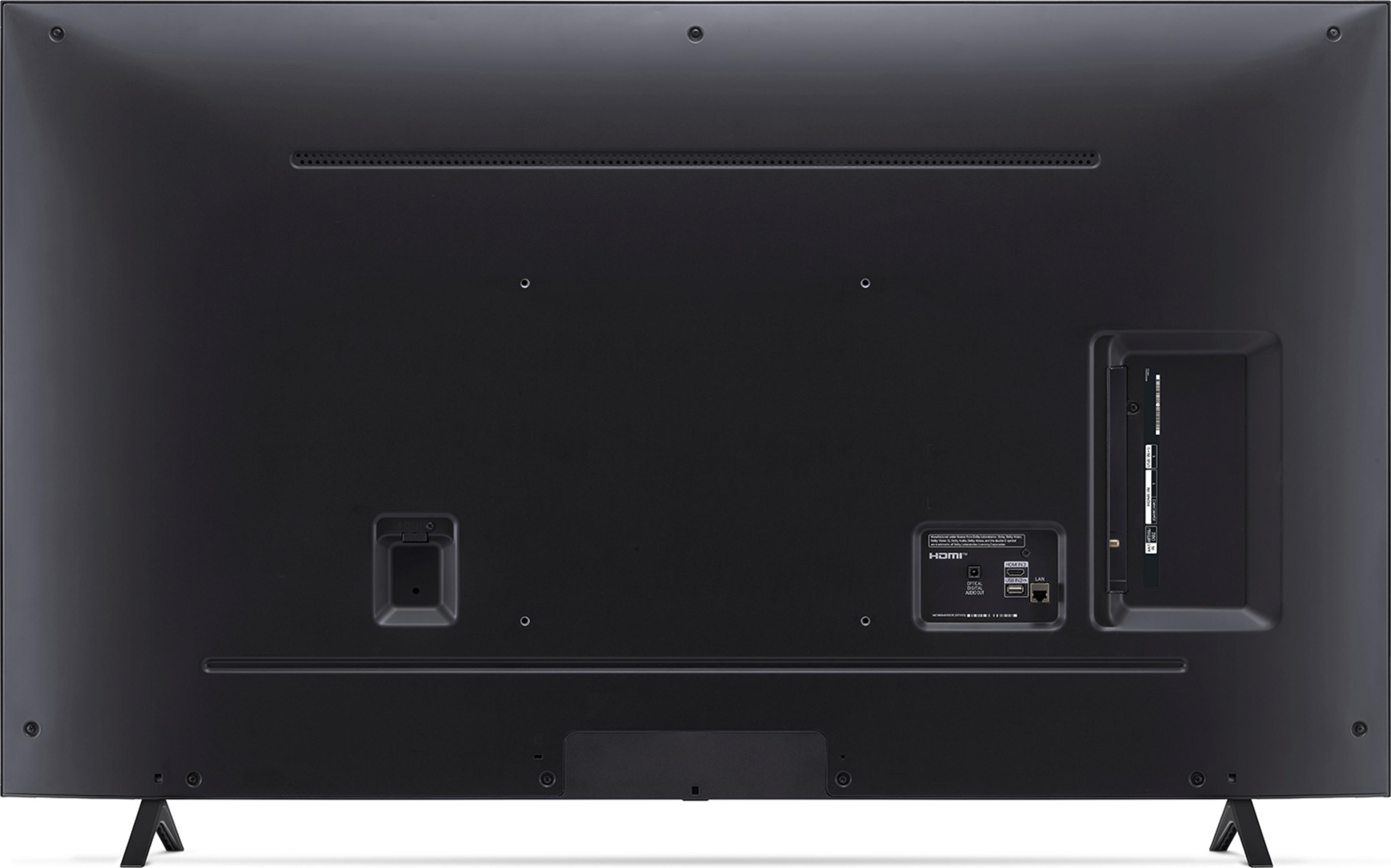 Rückseite eines schwarzen Fernsehers mit Anschlüssen wie HDMI und USB.