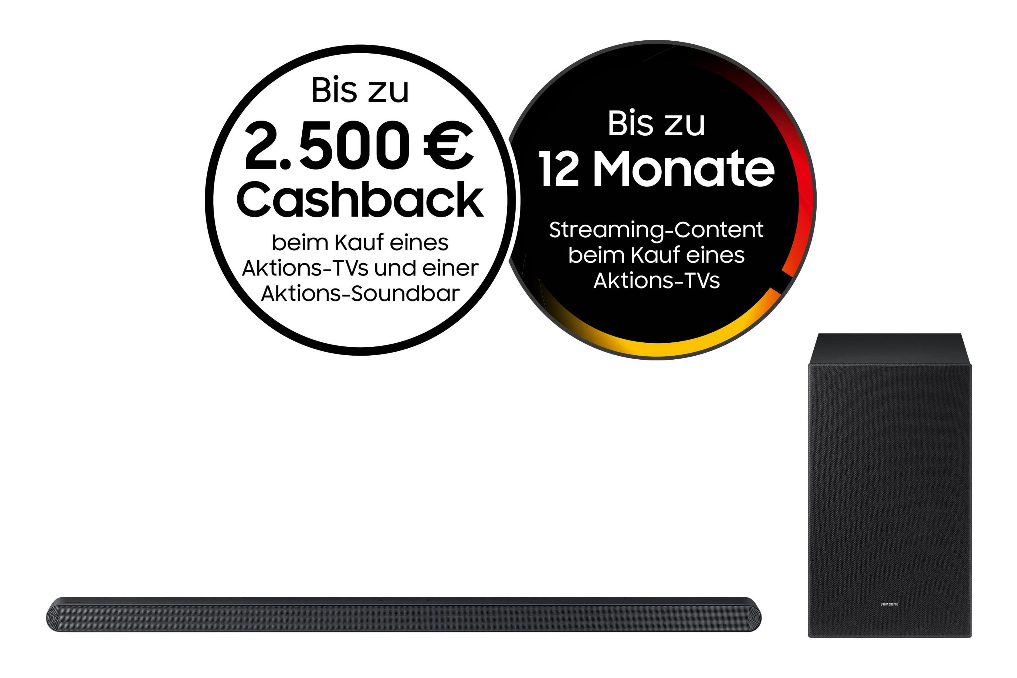 Due soundbar nere e un subwoofer con banner promozionali per cashback e streaming.