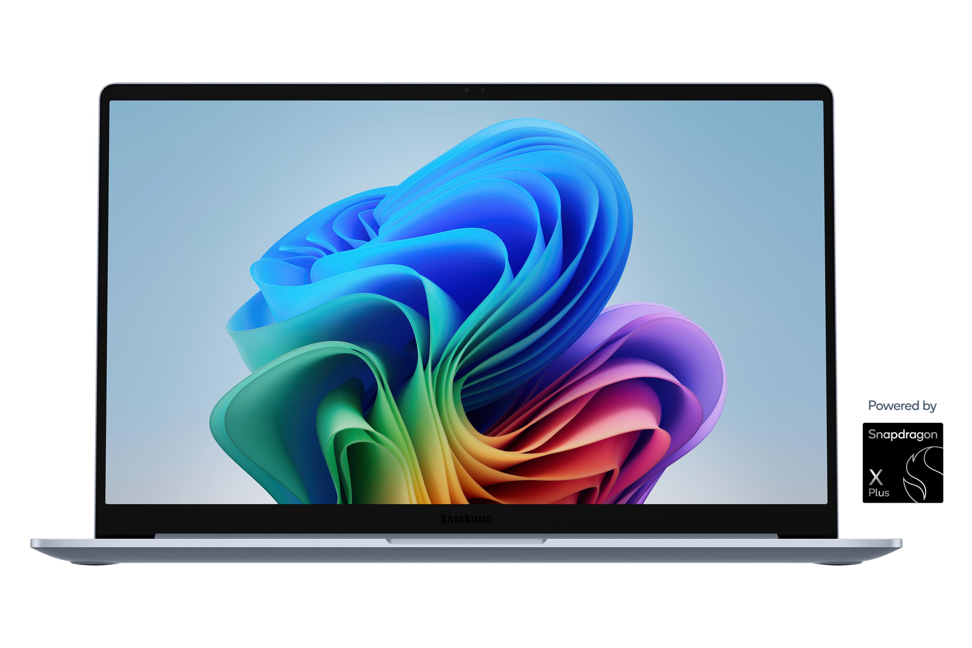 Ein Laptop mit einem bunten, geschwungenen Hintergrundbild und Snapdragon-Logo.