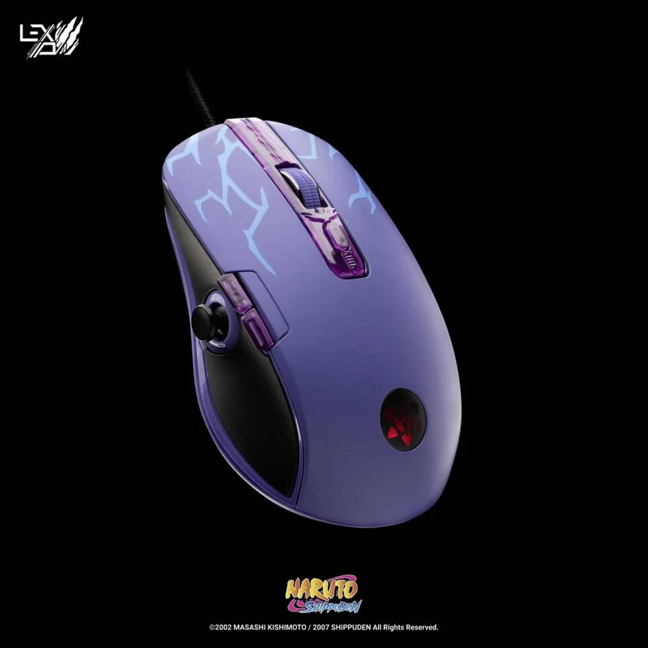 Mouse da gaming viola con motivo a fulmine, logo Naruto sotto.