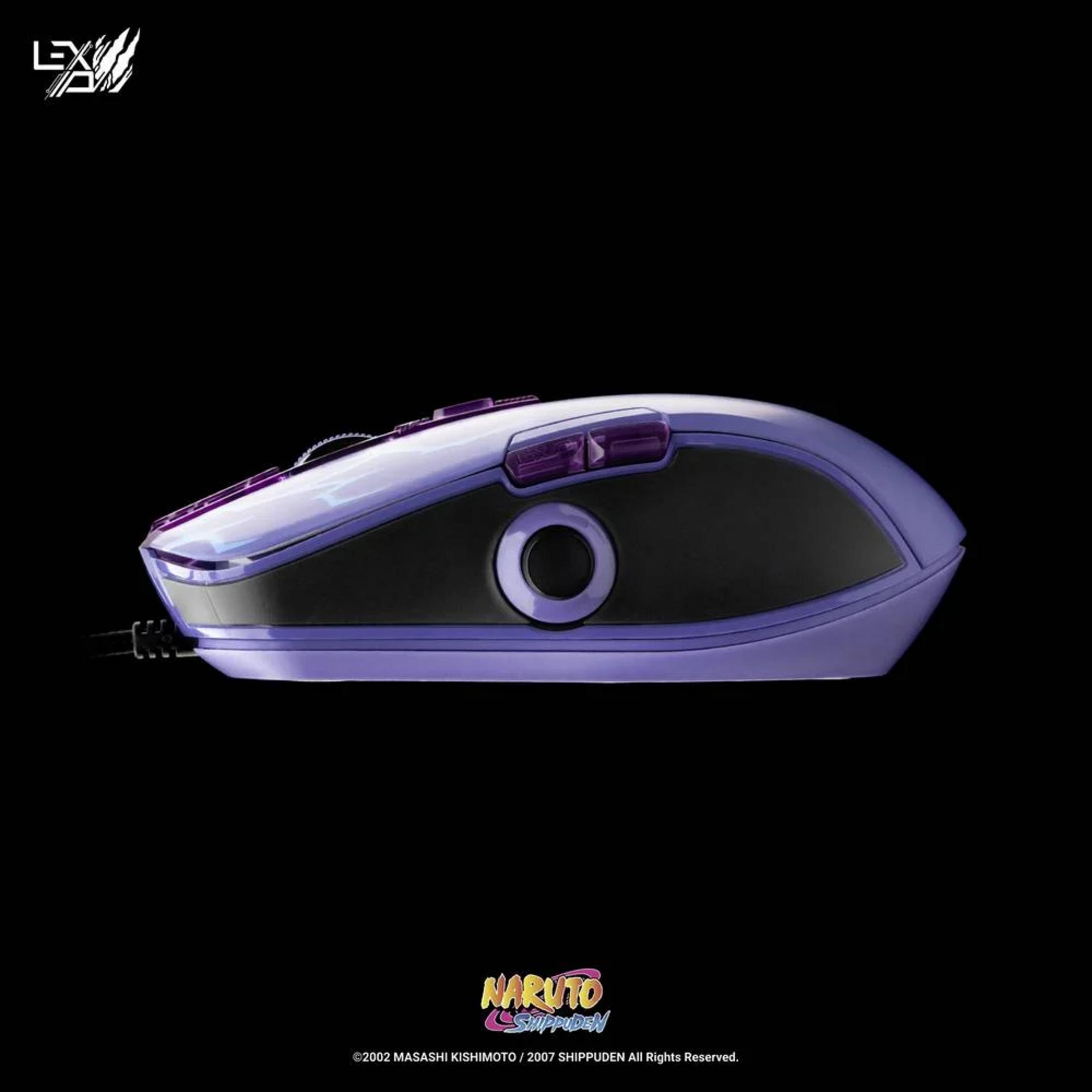 Mouse da gaming viola e nero con pulsanti e rotellina, isolato su sfondo nero.