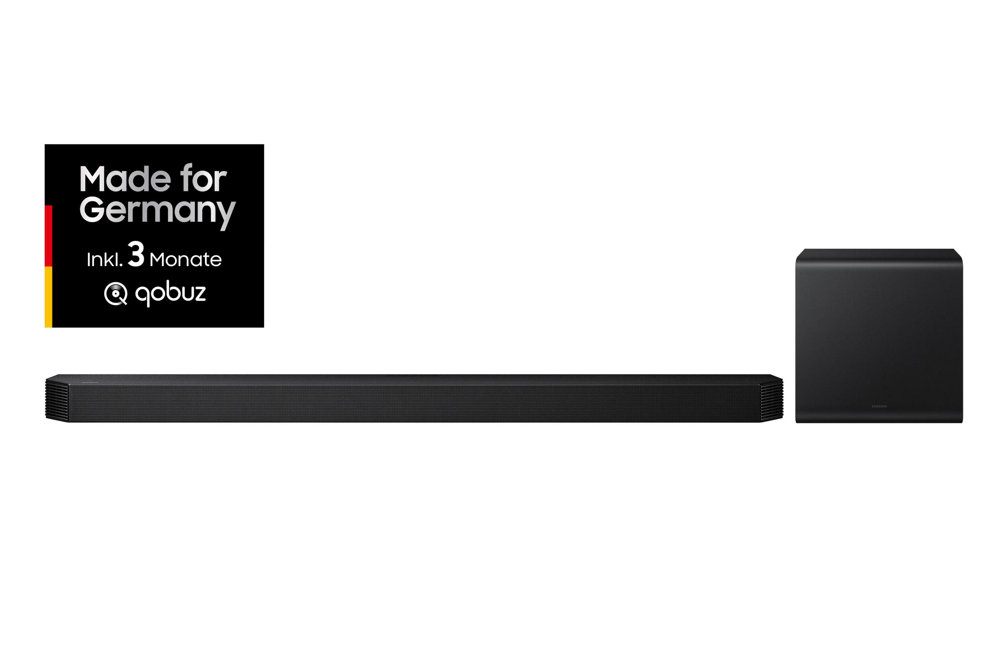 Schwarze Soundbar und Subwoofer mit "Made for Germany"-Logo.