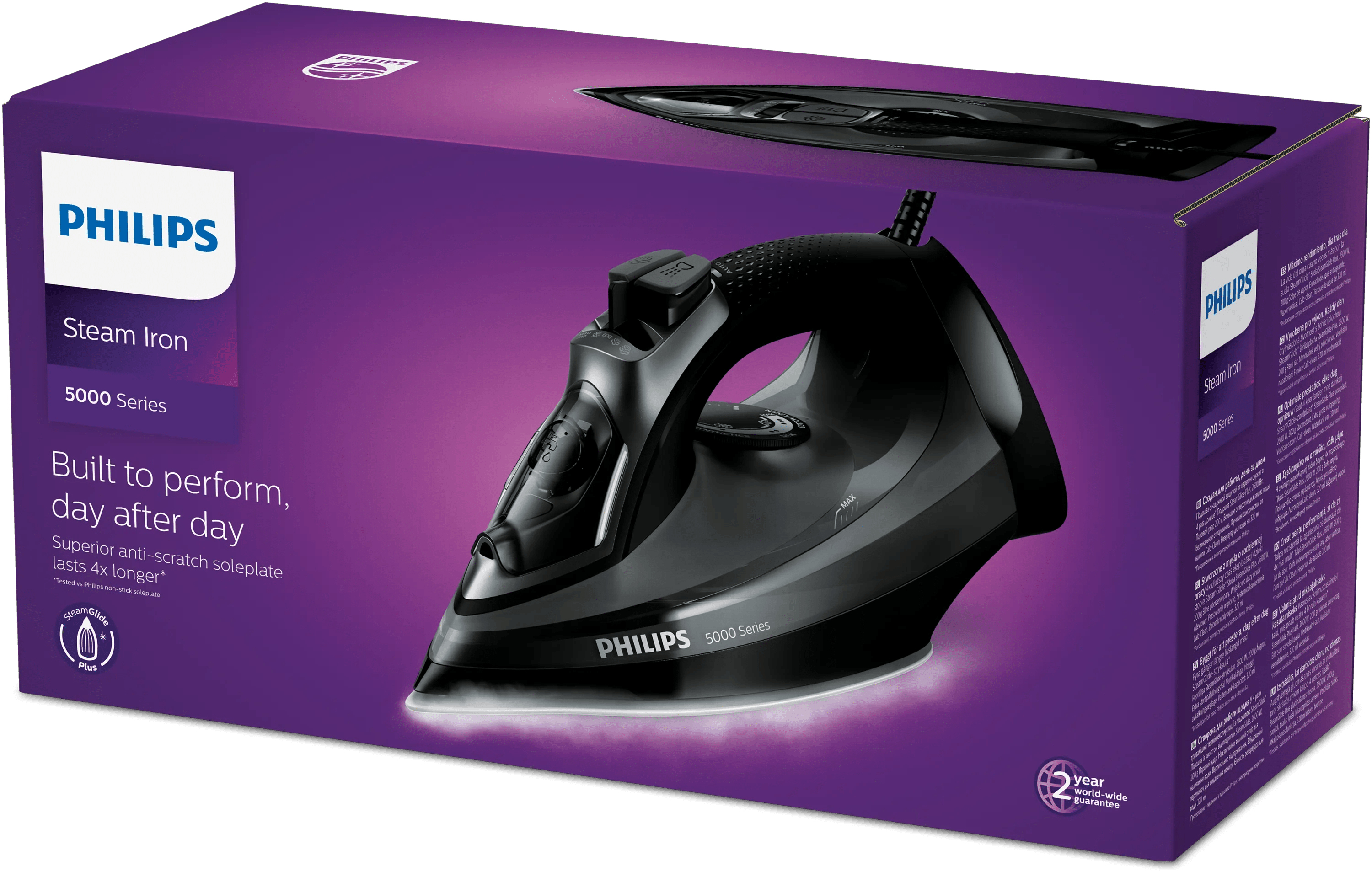 Confezione di un ferro da stiro a vapore Philips nero, serie 5000.