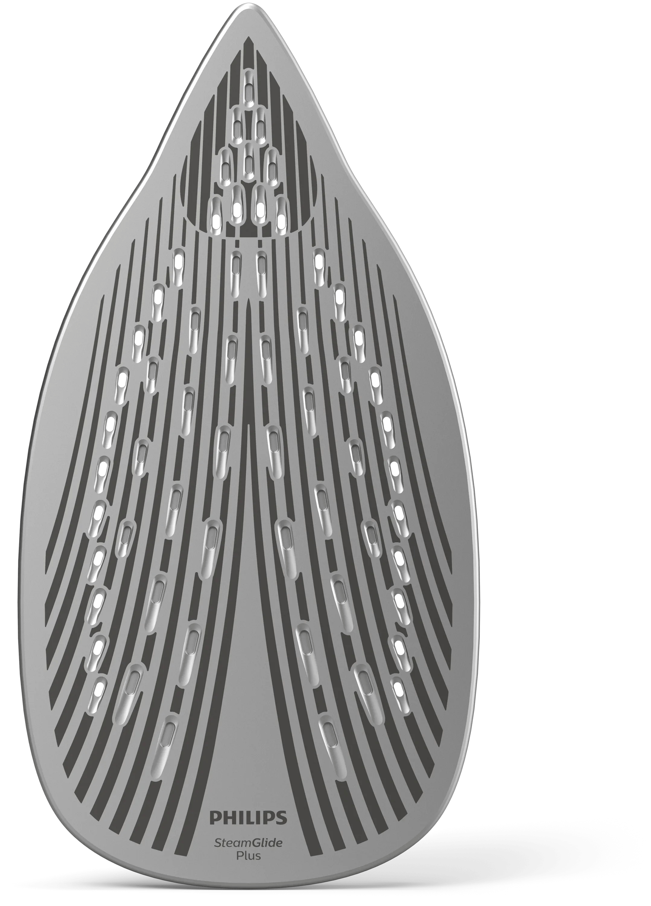 Piastra per ferro da stiro argentata con prese di vapore e logo Philips SteamGlide Plus.