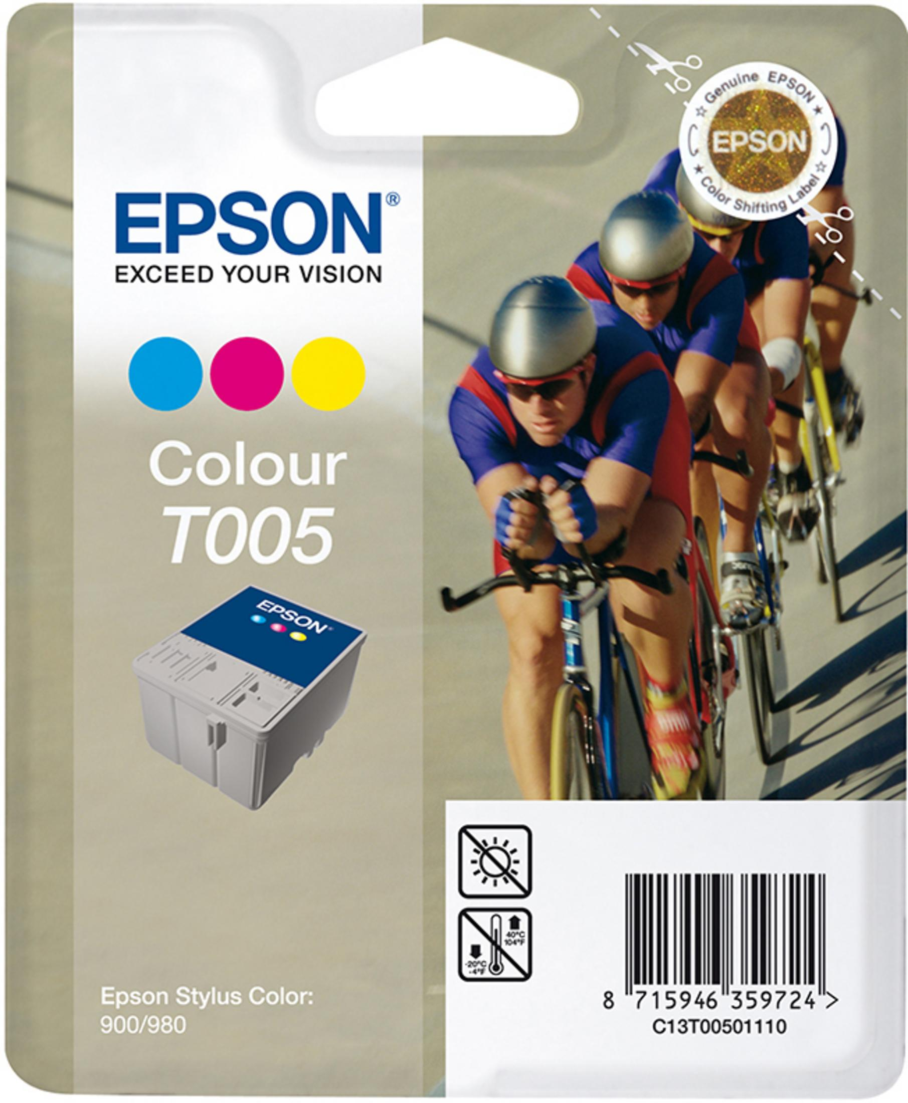 Cartuccia d'inchiostro Epson T005 con ciclisti sullo sfondo e simboli di avvertenza.