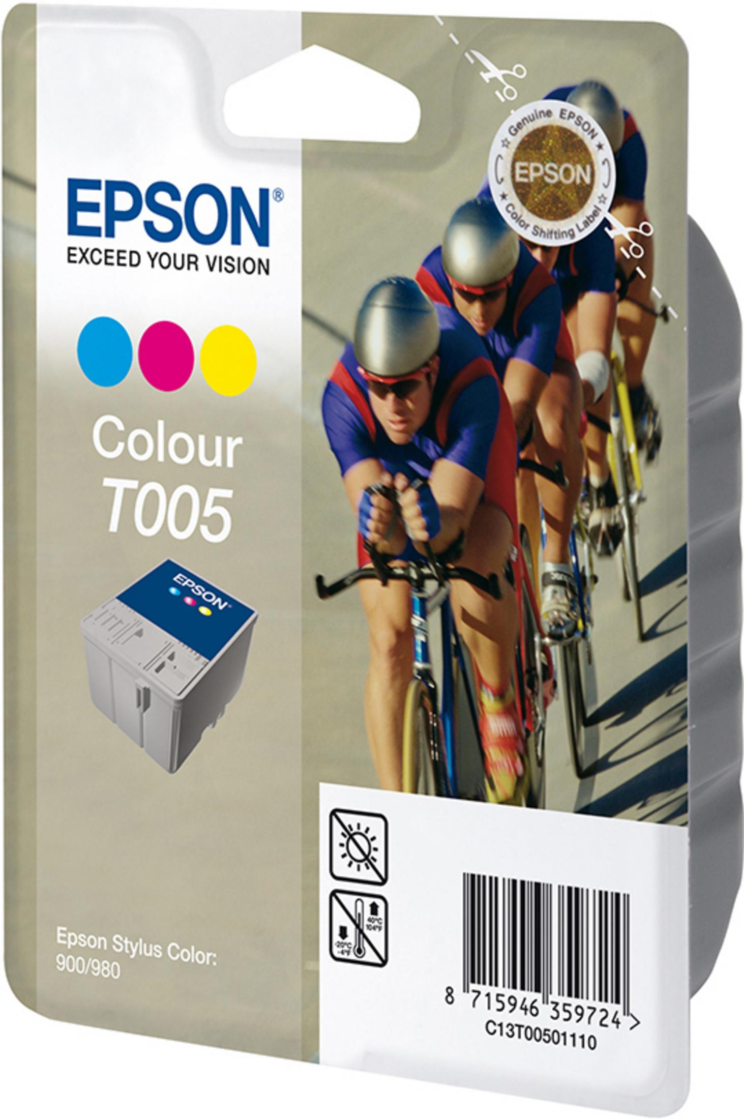 Cartuccia d'inchiostro Epson T005 con ciclisti sullo sfondo sulla confezione.