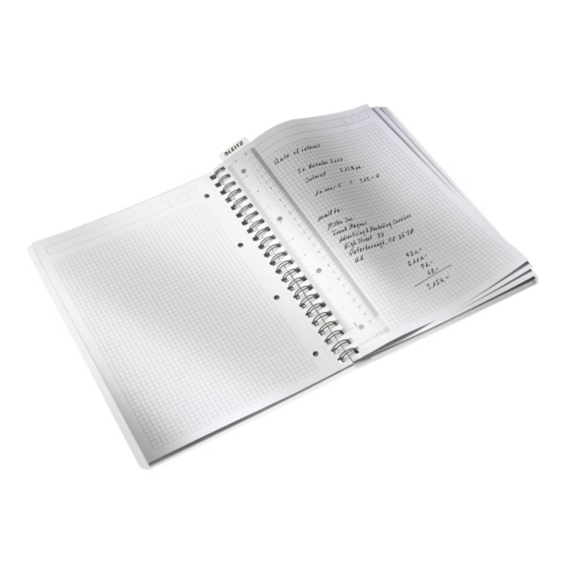 Ein aufgeschlagenes Notizbuch mit Gitterpapier und einer transparenten Linealschiene.