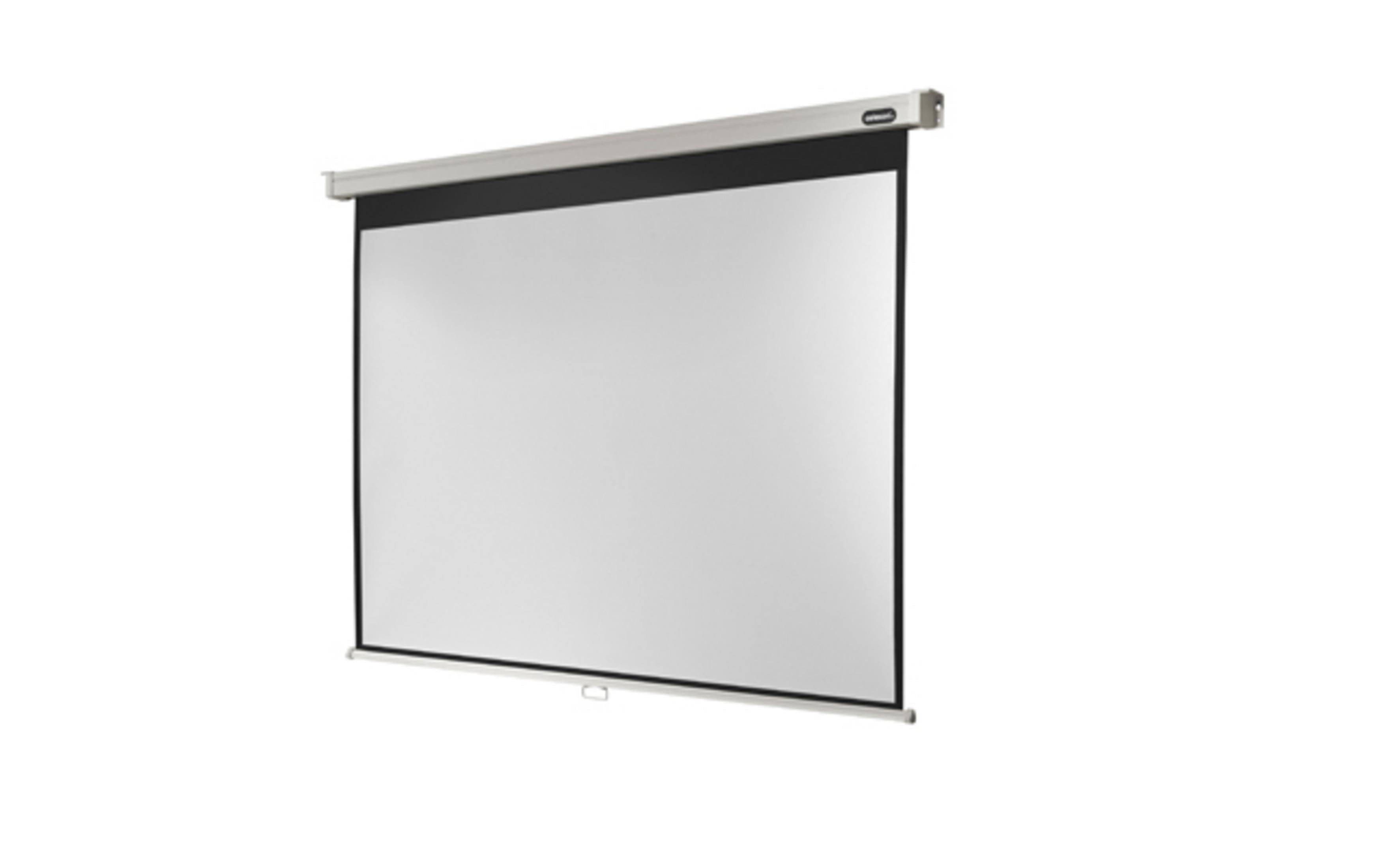 Ein ausgefahrener weißer Projektionsleinwand mit Aluminiumgehäuse.