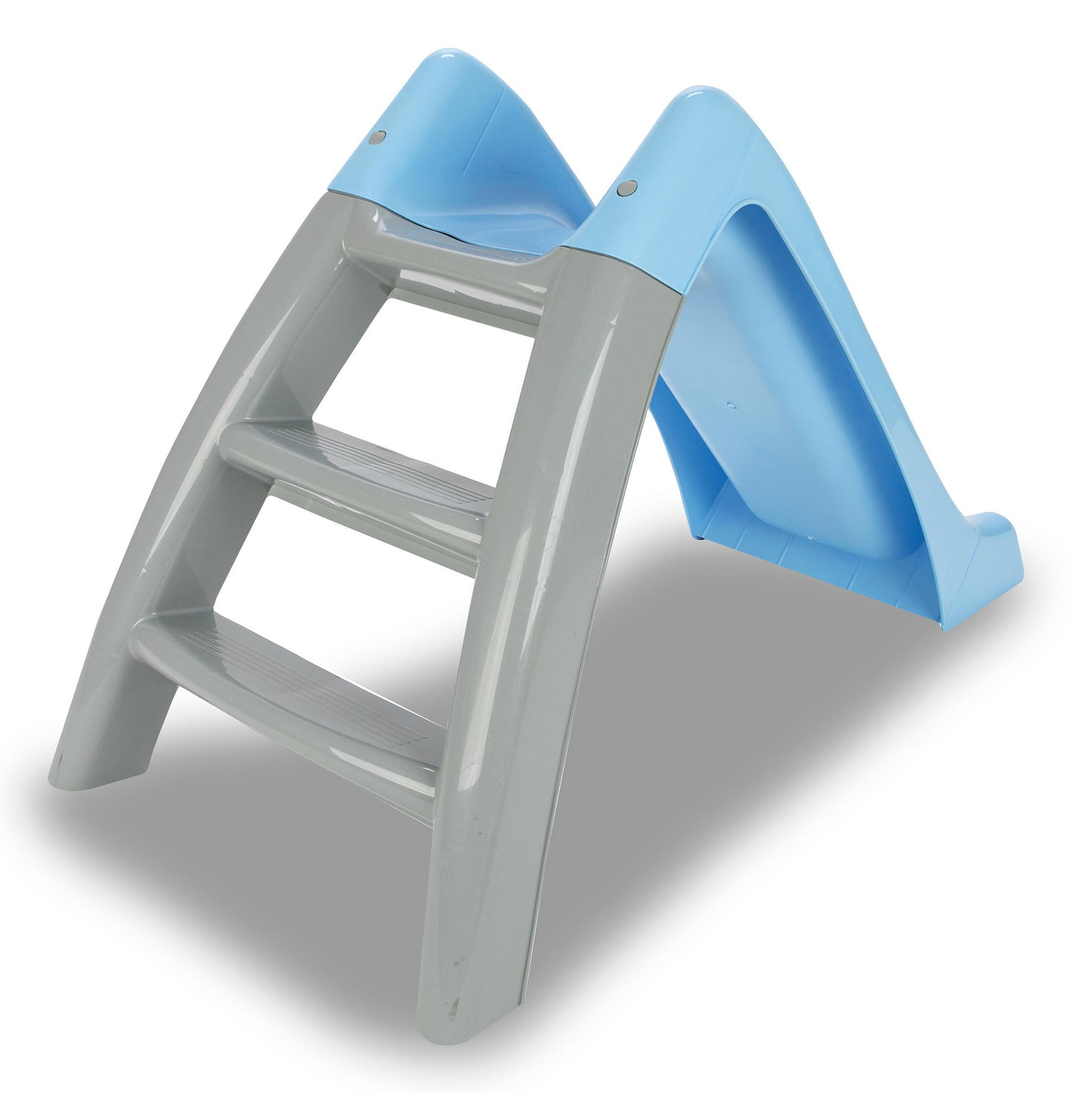 Eine blaue und graue Kinderrutsche mit Stufen.