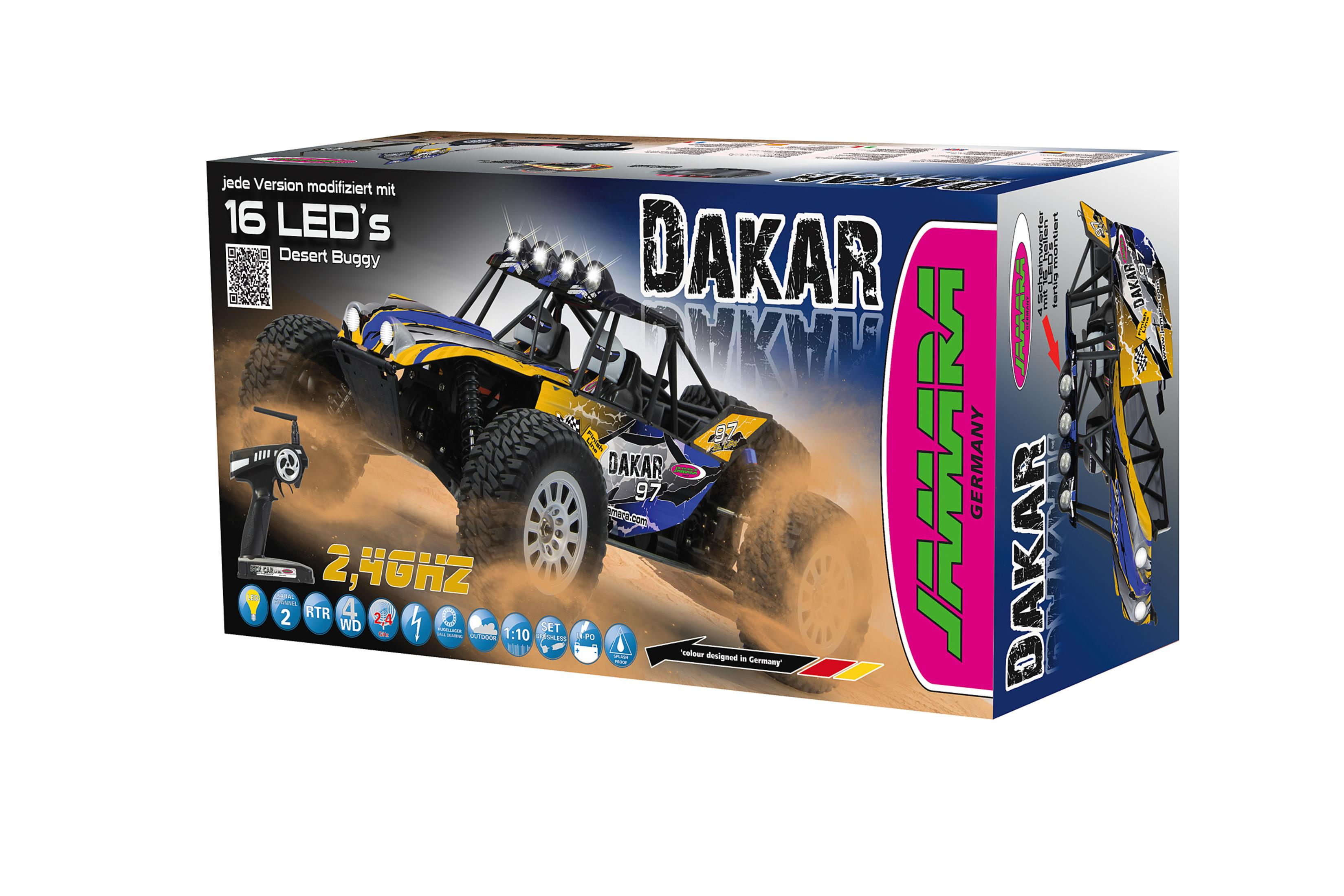 Verpackung eines gelben und blauen Dakar Wüstenbuggys mit Fernbedienung.