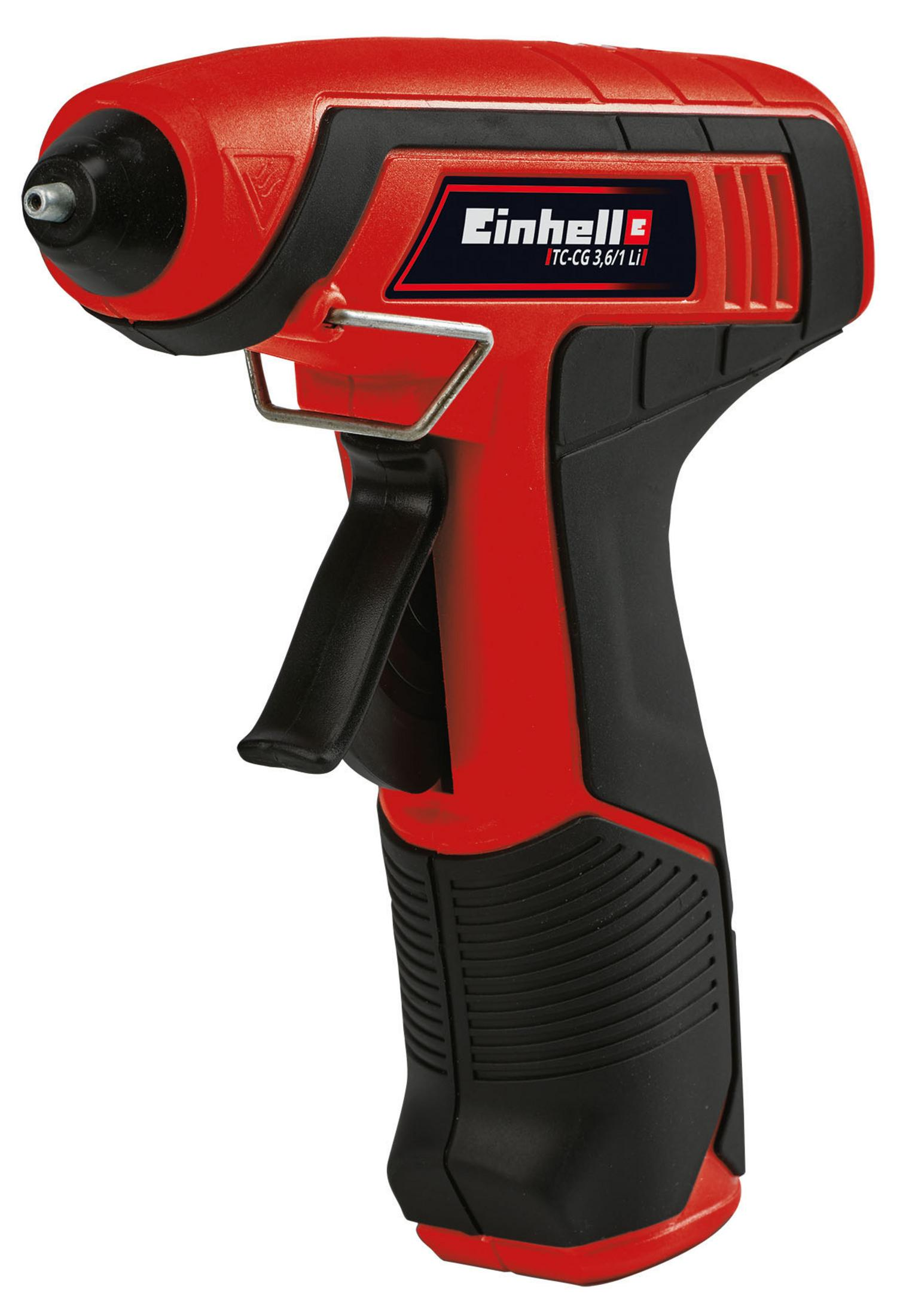 Pistola incollatrice rossa e nera con logo Einhell. Sfondo bianco.