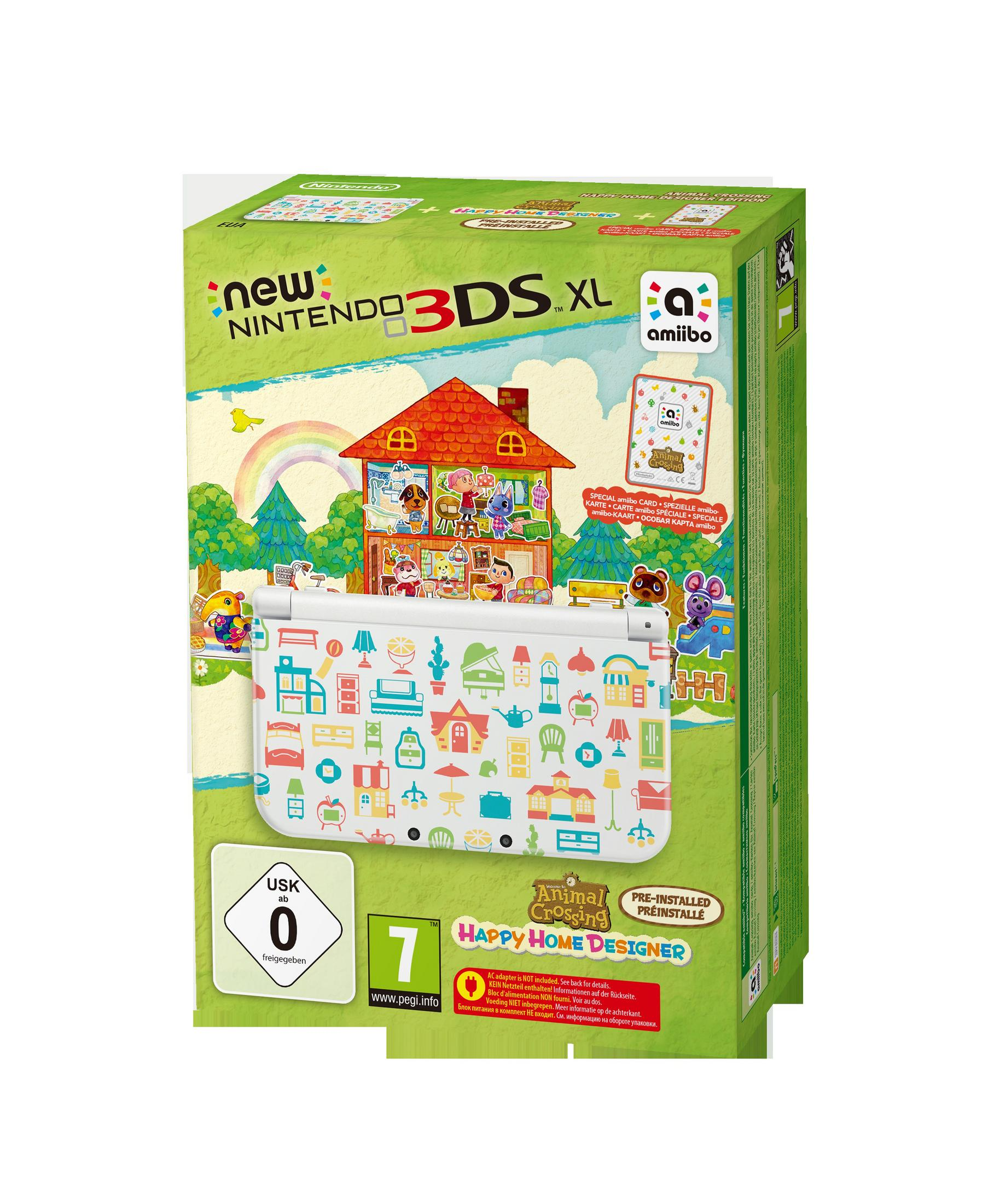Verpackung der Nintendo 3DS XL Animal Crossing Edition mit Spiel-Icons.