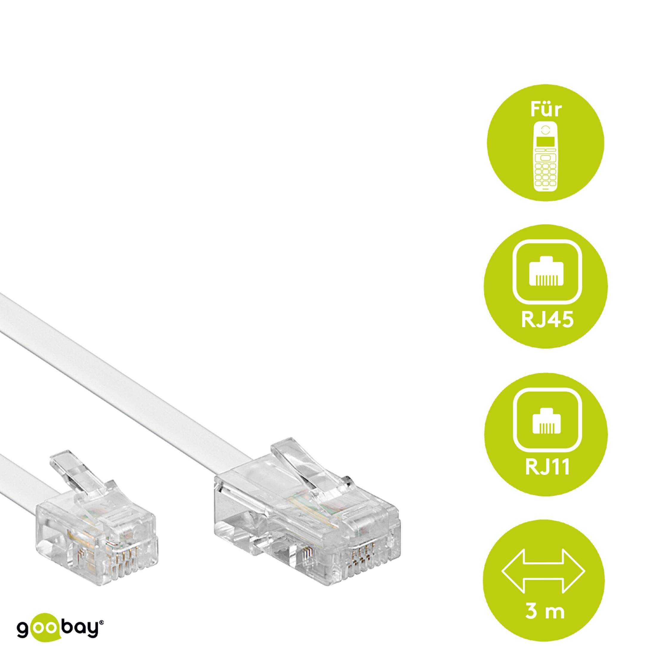 Un cable blanco con conectores RJ45 y RJ11, de 3m, para teléfonos.