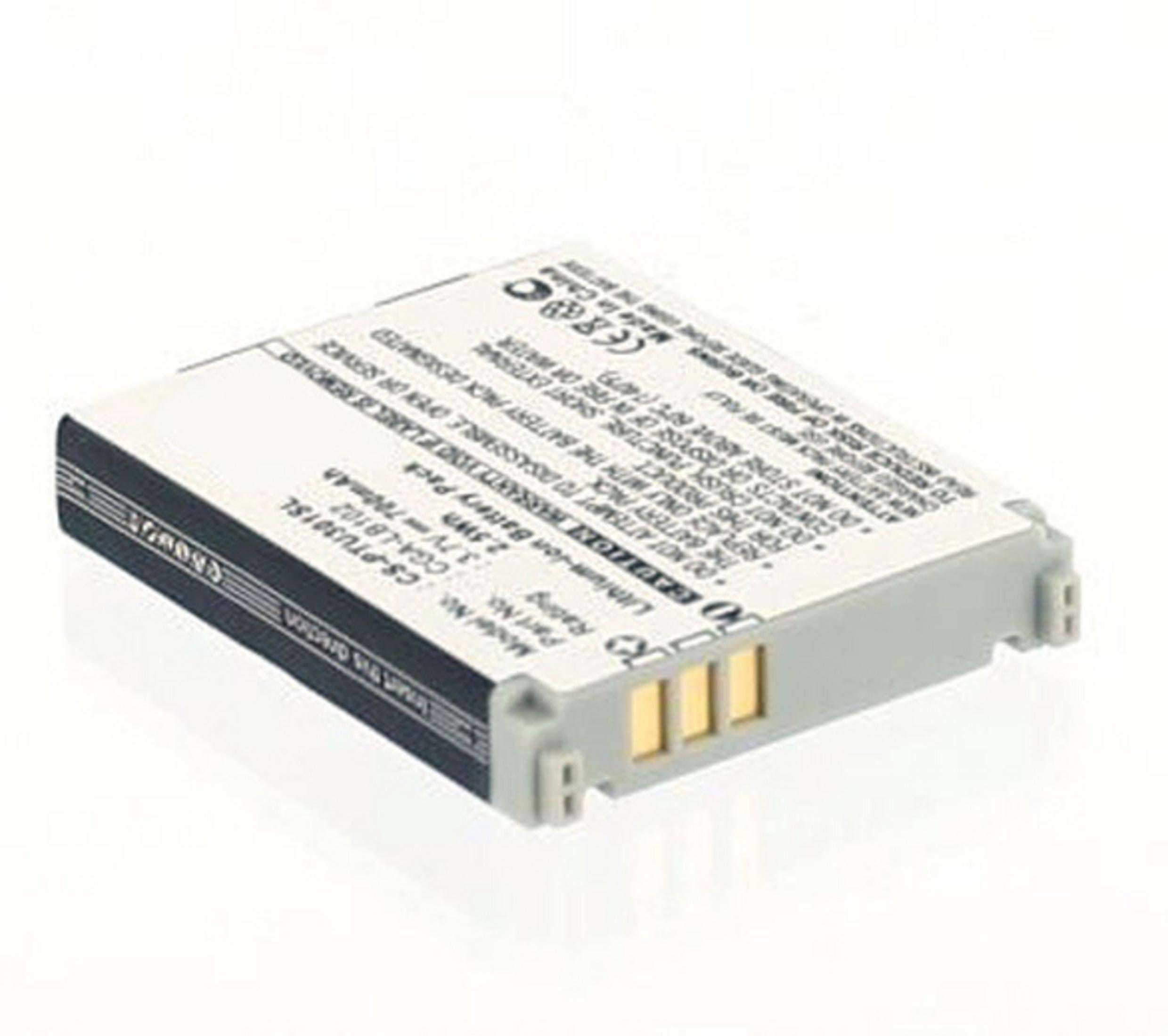 Eine weiße Lithium-Ionen-Batterie mit goldenen Kontakten und Warnhinweisen.
