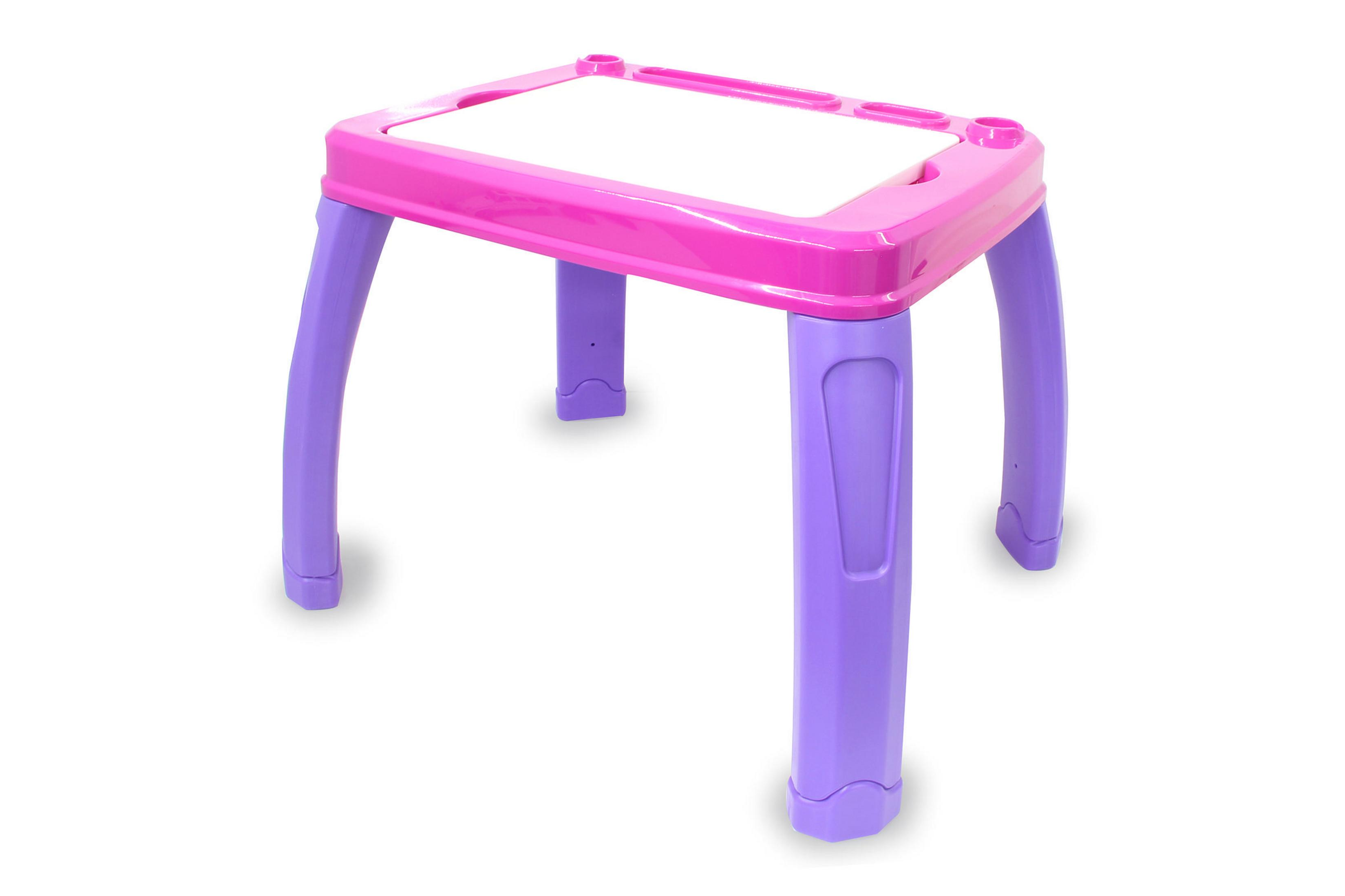 Ein lila Kindertisch mit einer rosa Platte und vier Beinen.
