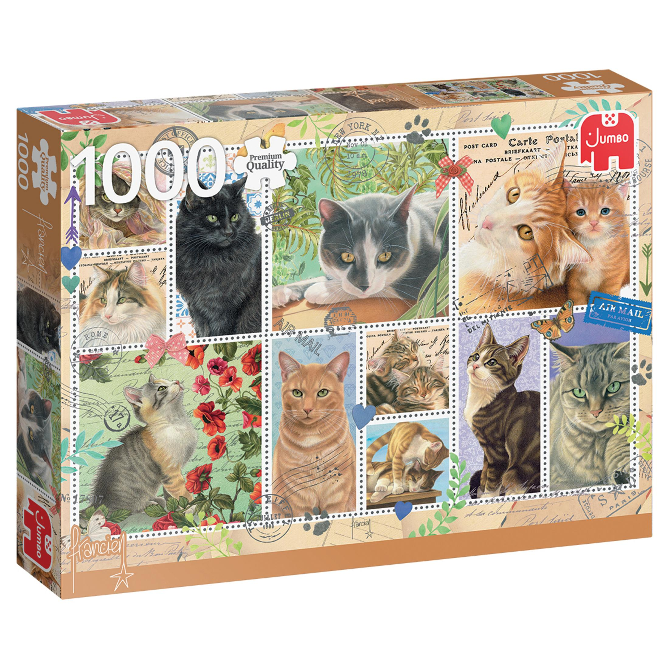 Puzzle-Schachtel mit 1000 Teilen, Thema Katzen, im Vintage-Postkarten-Stil.