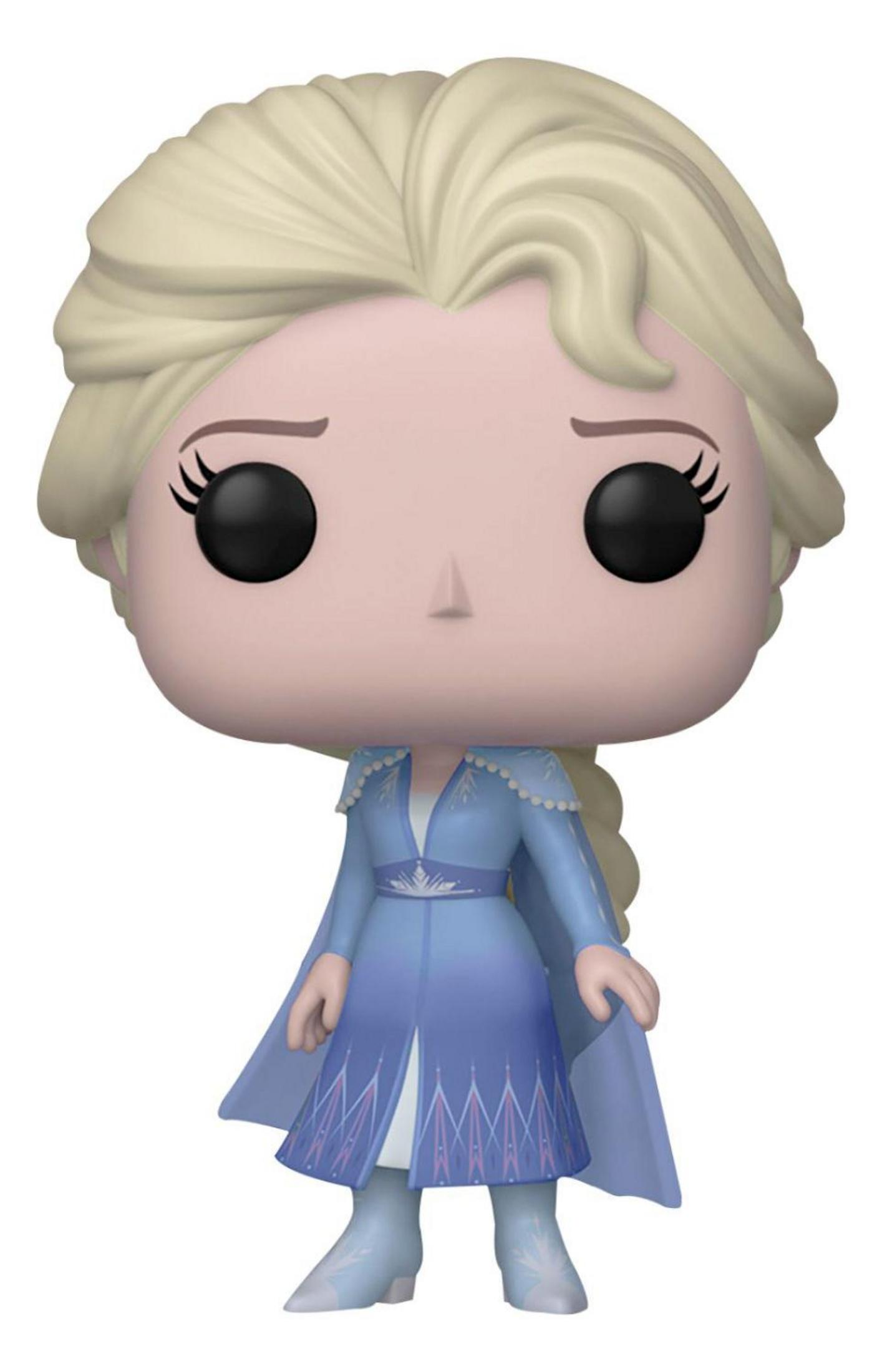 Statua di Elsa in abito blu con mantello, capelli biondi e occhi neri.