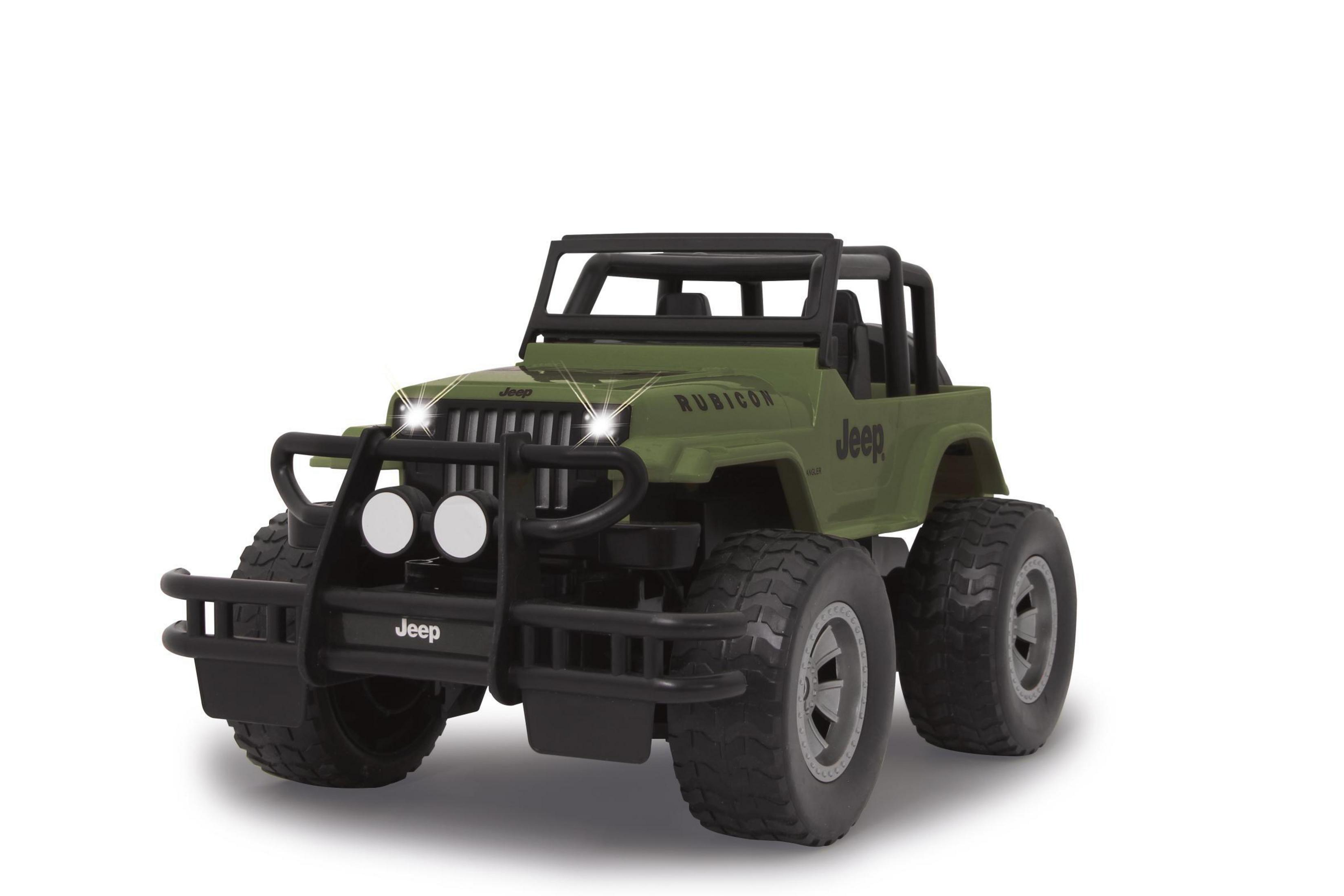 Ein grünes Spielzeug-Jeep-Wrangler-Rubicon-Modell mit großen Reifen und schwarzem Überrollbügel.