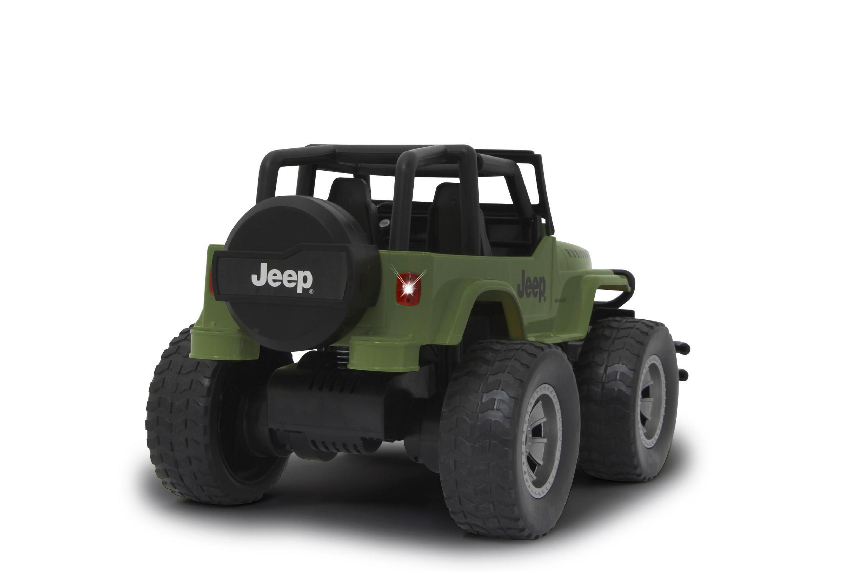 Grüner Spielzeug-Jeep mit Ersatzrad hinten und schwarzen Reifen.