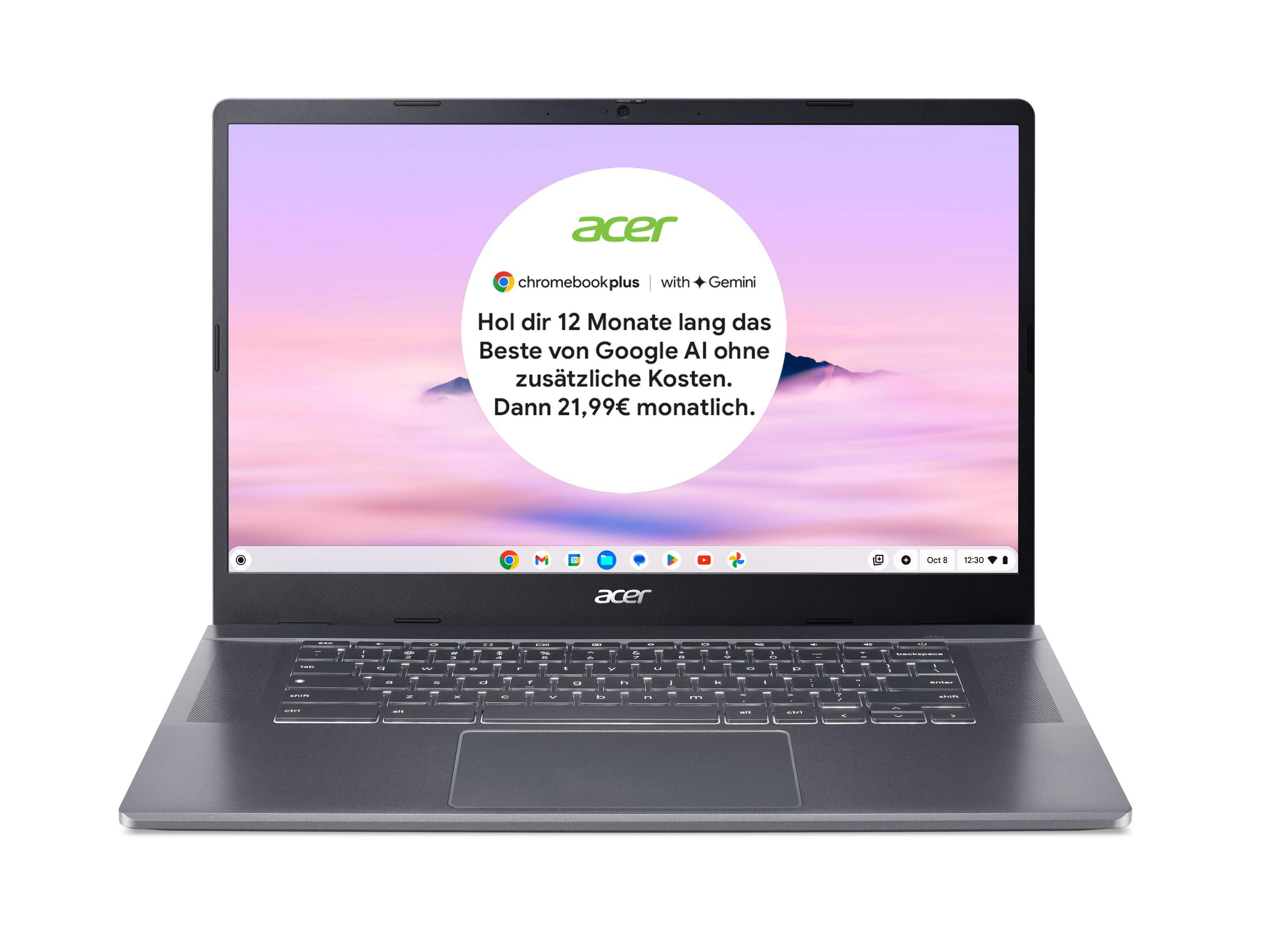 Ein graues Acer Chromebook mit Werbung für 12 Monate Google KI gratis.