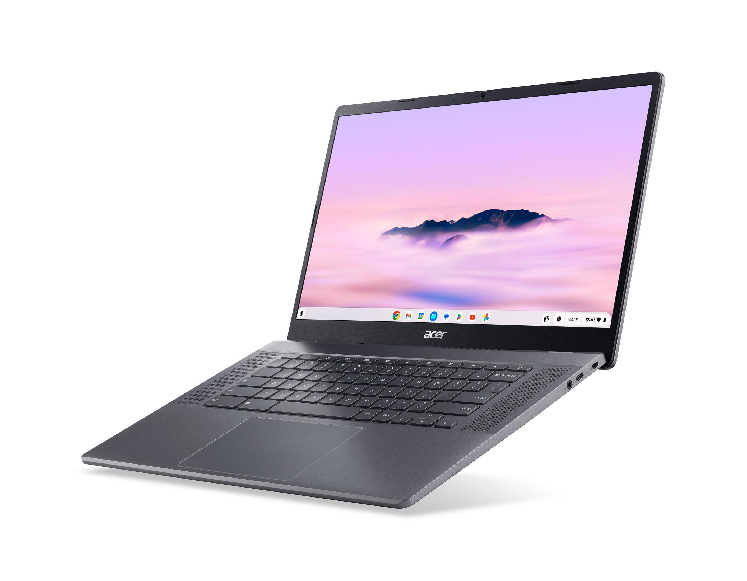 Ein graues Acer-Chromebook mit geöffnetem Bildschirm und Tastatur, auf weißem Hintergrund.