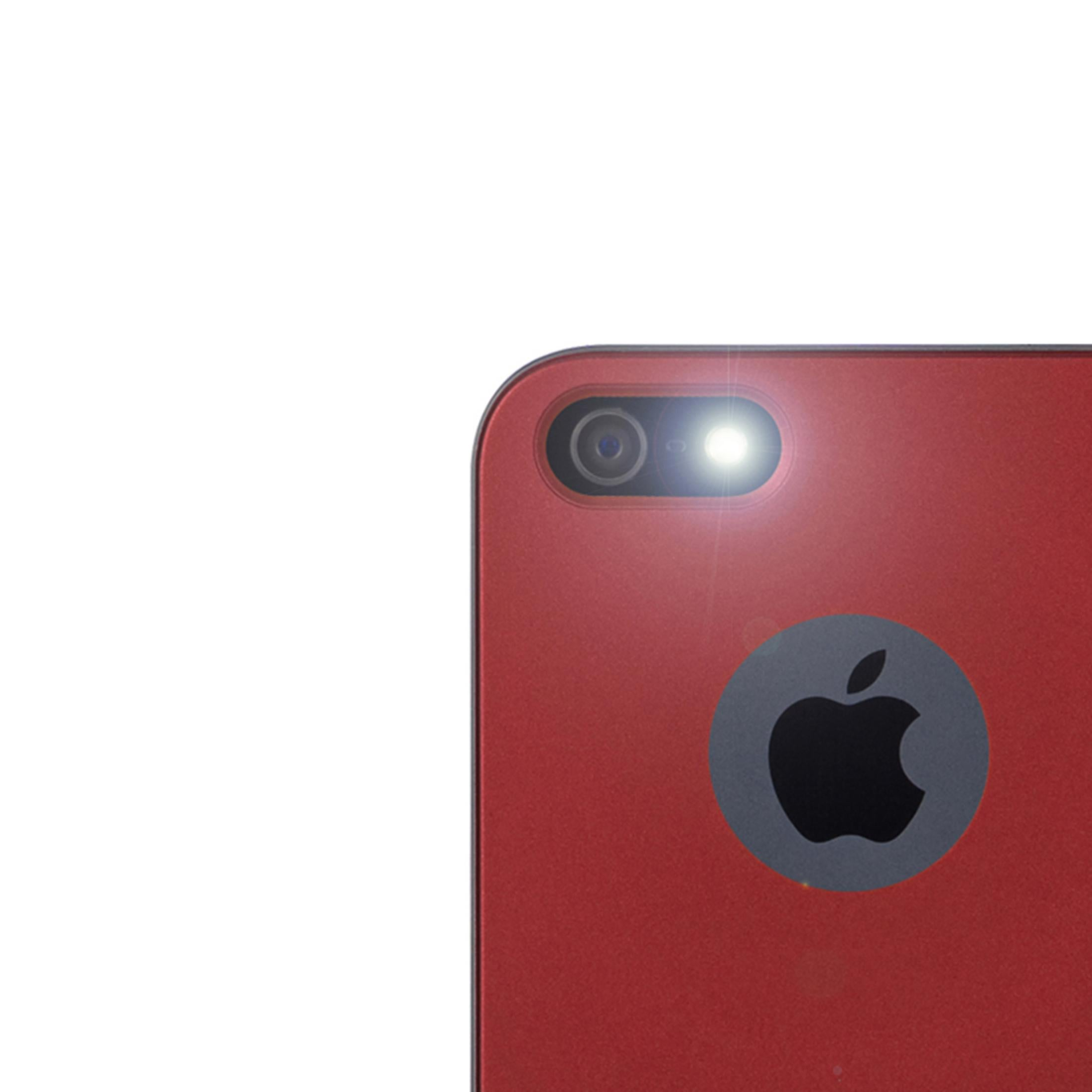iPhone rosso con flash e logo Apple.