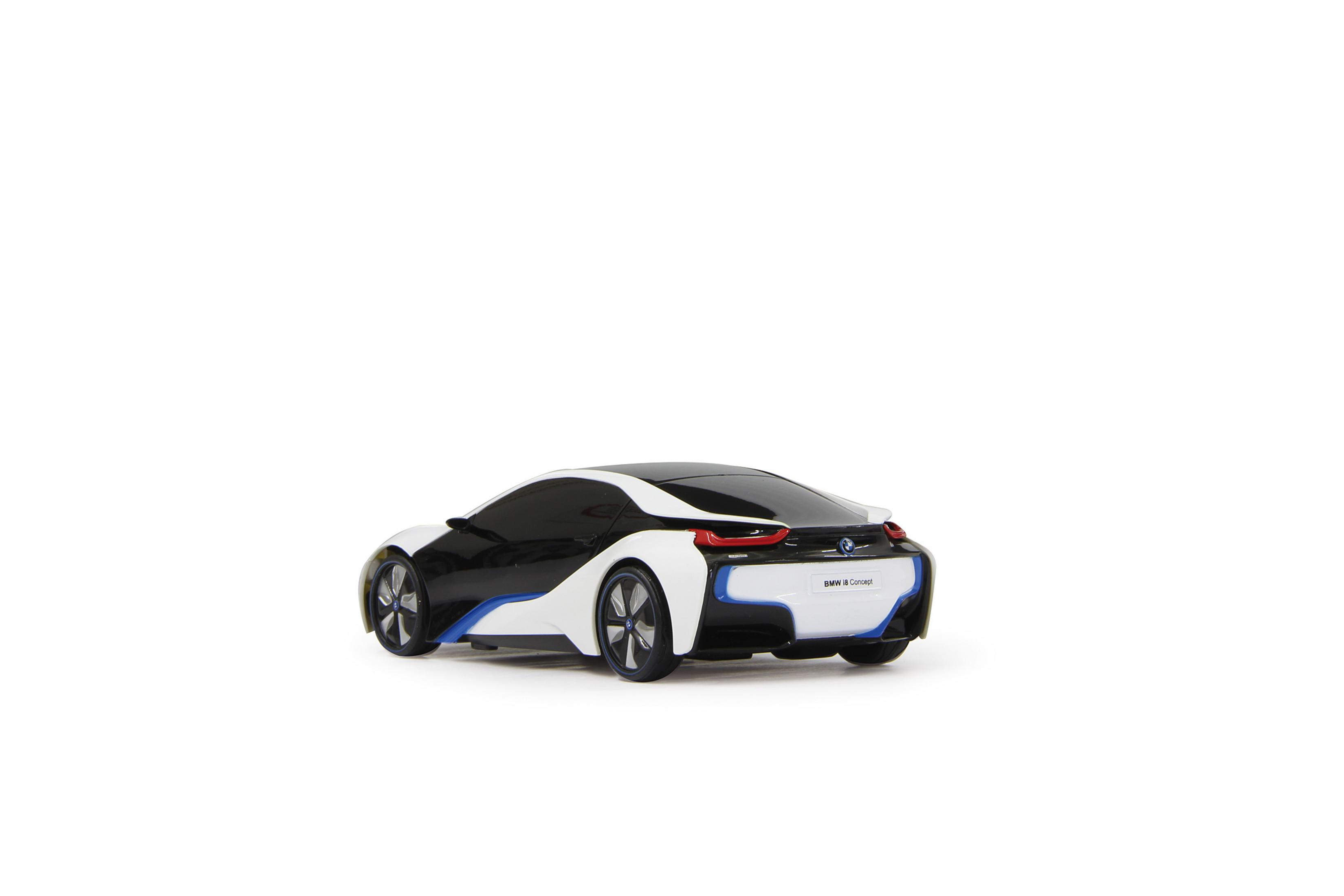 A white and black BMW i8 concept car with blue accents on a white background.