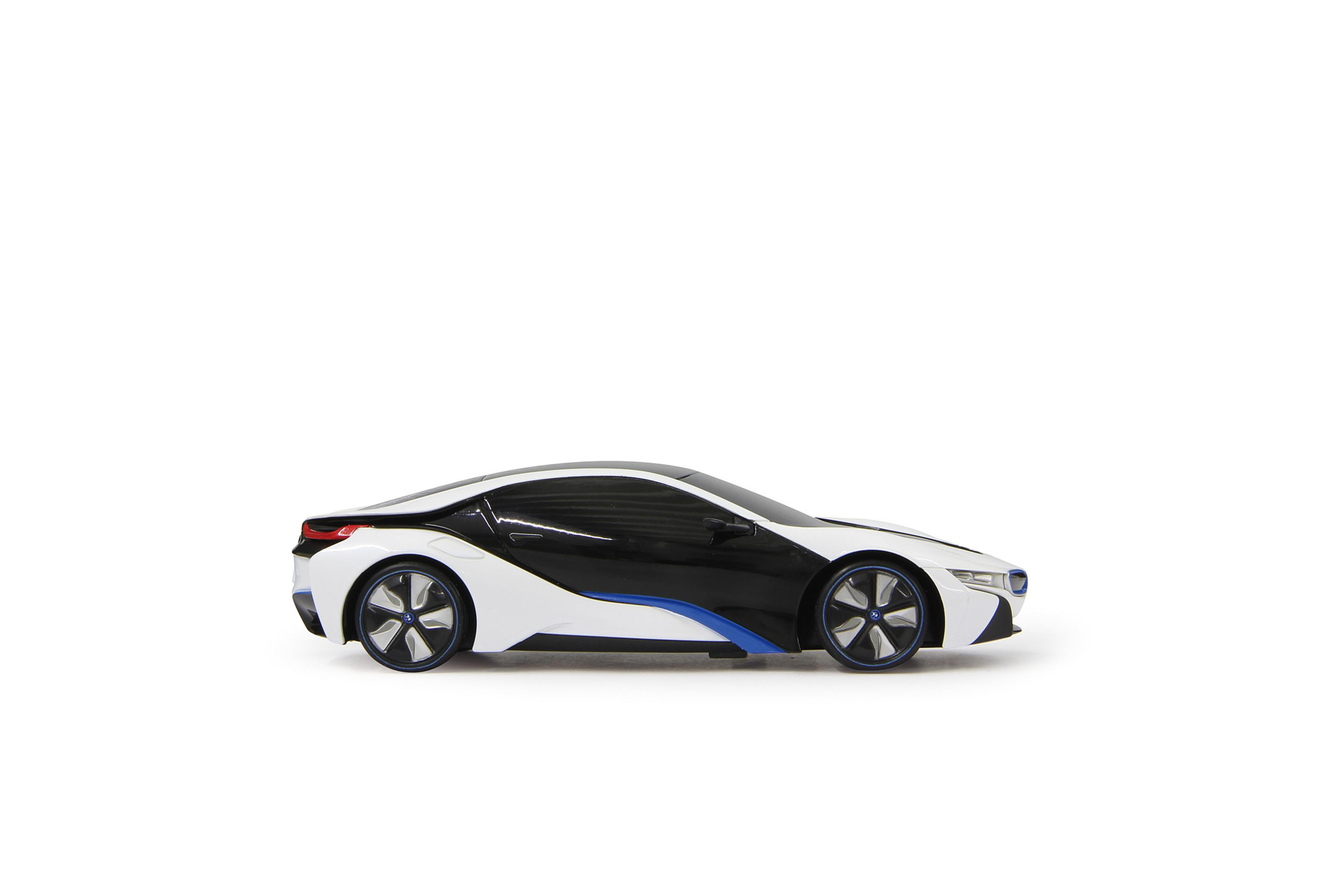 A white sports car with black and blue accents sits on a white background.