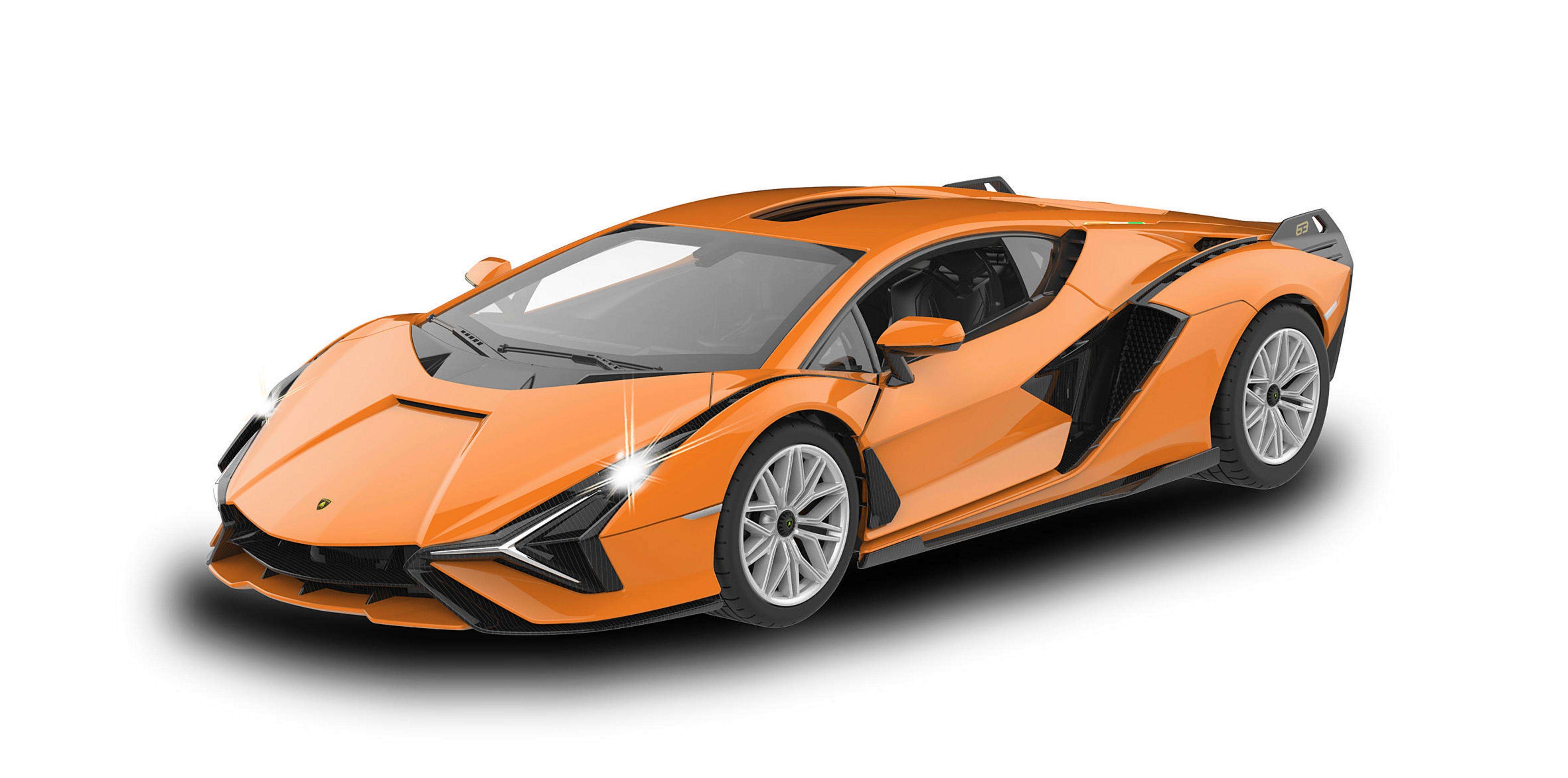 Ein orangefarbener Supersportwagen mit silbernen Felgen steht auf weißem Hintergrund.