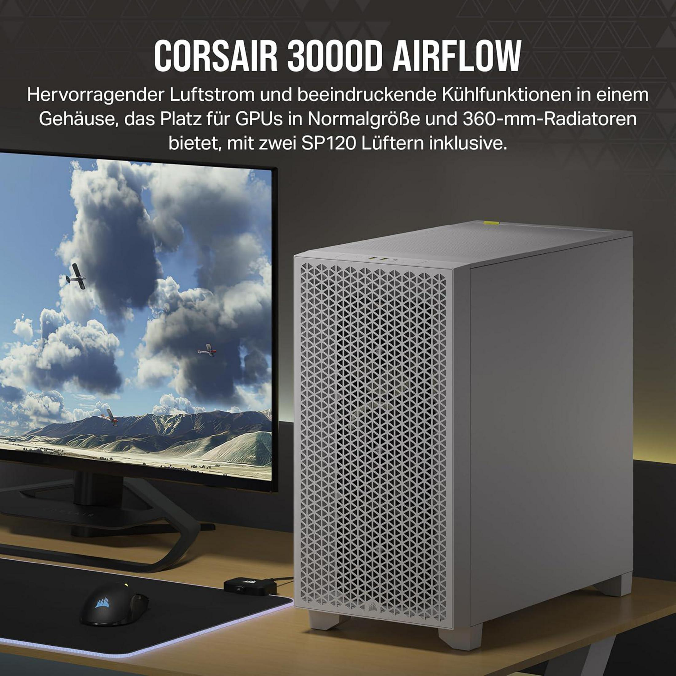 Un boîtier PC Corsair gris à côté d'un moniteur affichant un jeu de simulation de vol.