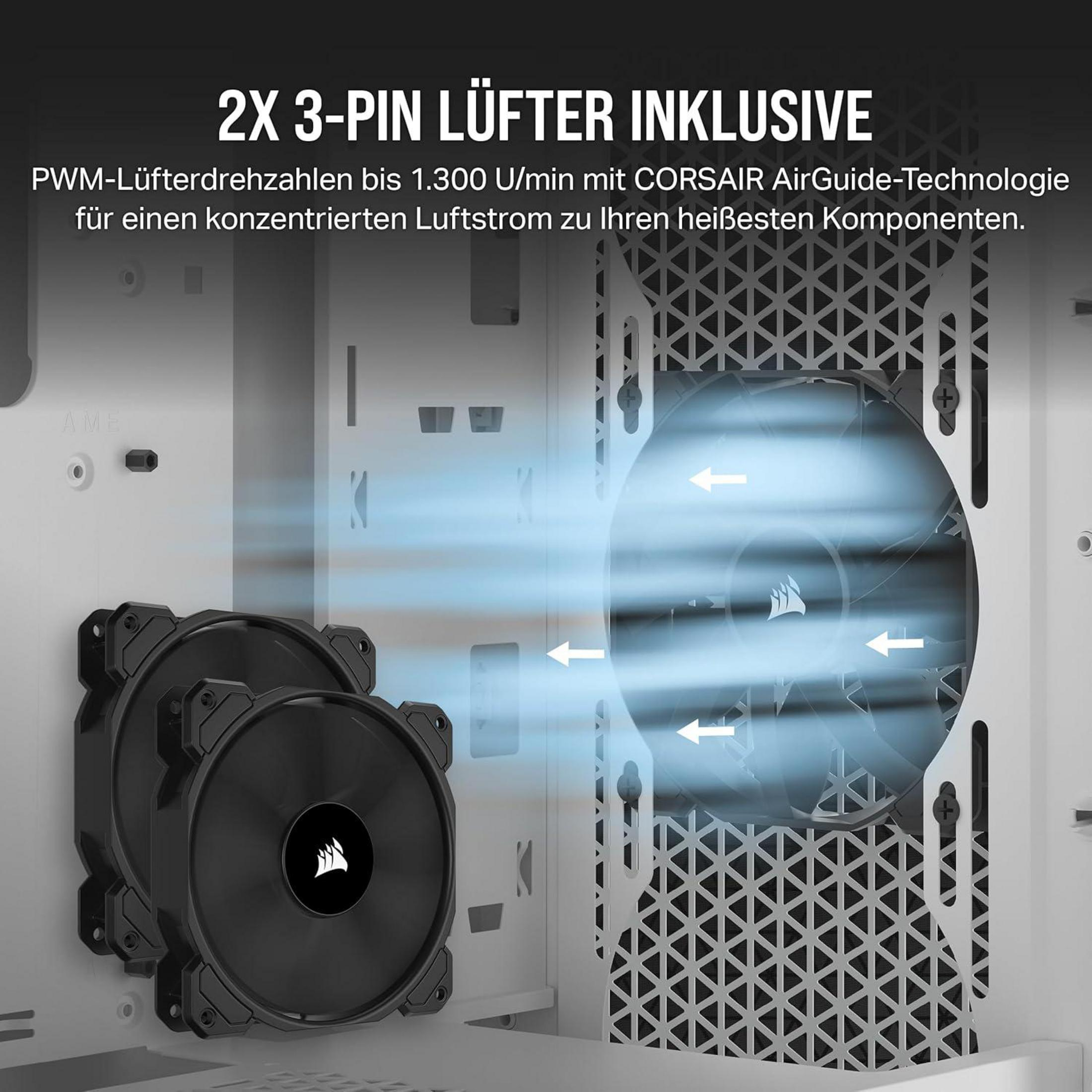 Deux ventilateurs noirs 3 broches logo Corsair, flèches flux d'air