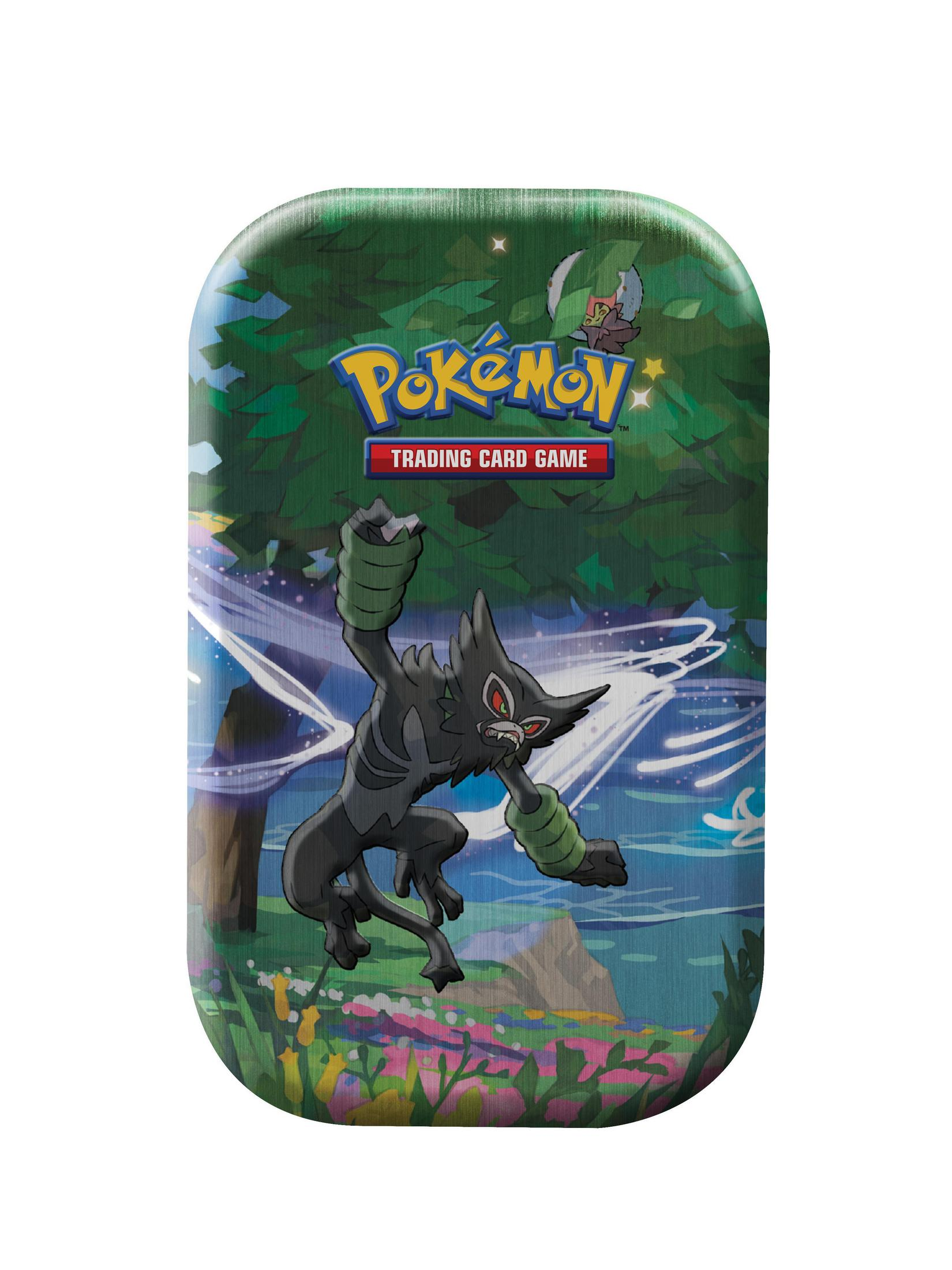 Ein Pokémon-Trading-Card-Spiel-Behälter zeigt eine schwarze Kreatur mit grünen Manschetten in einer Waldlandschaft.