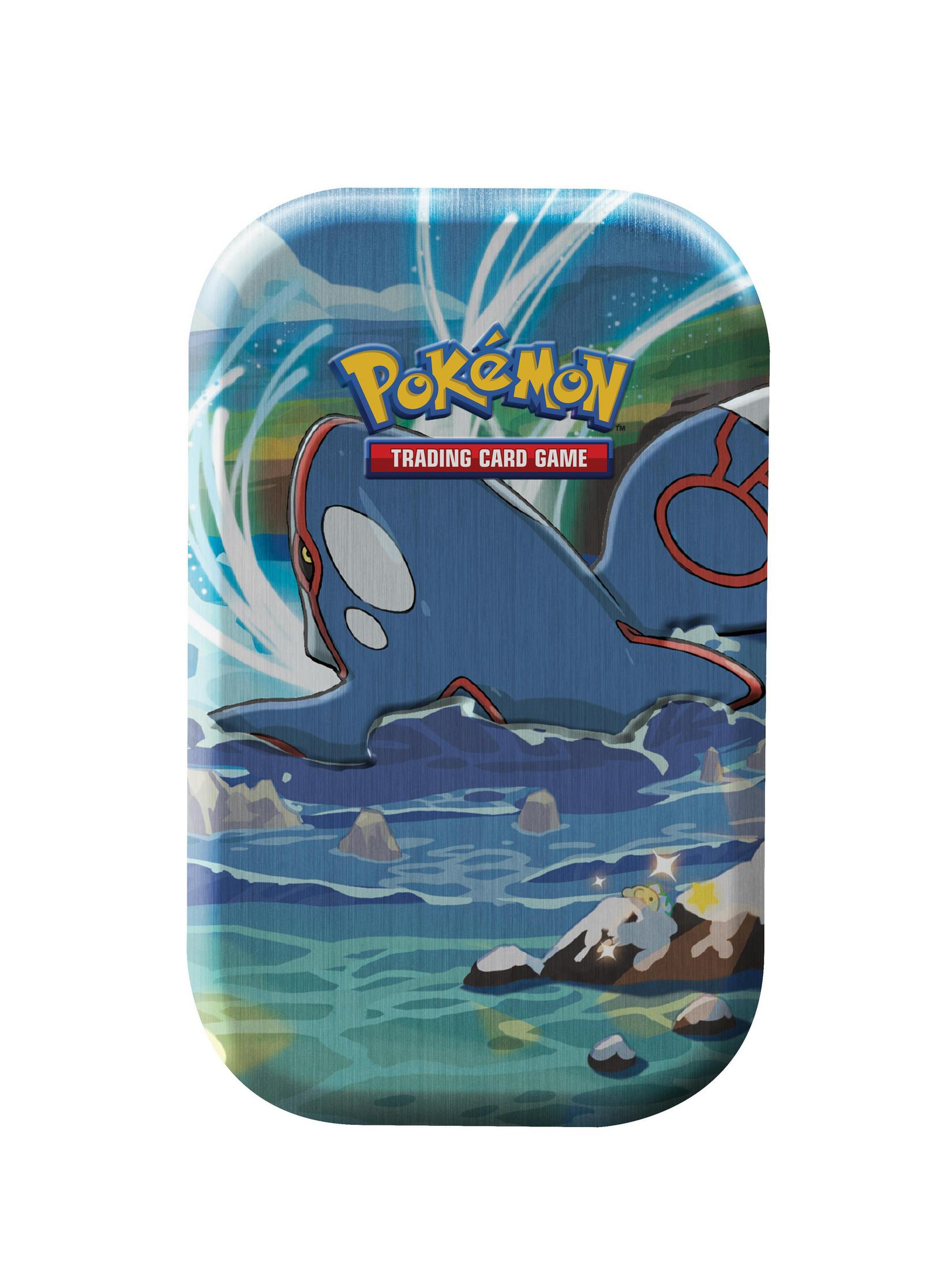 Pokémon-Sammelkartenspiel-Dose mit Kyogre und Wasser-Thema.