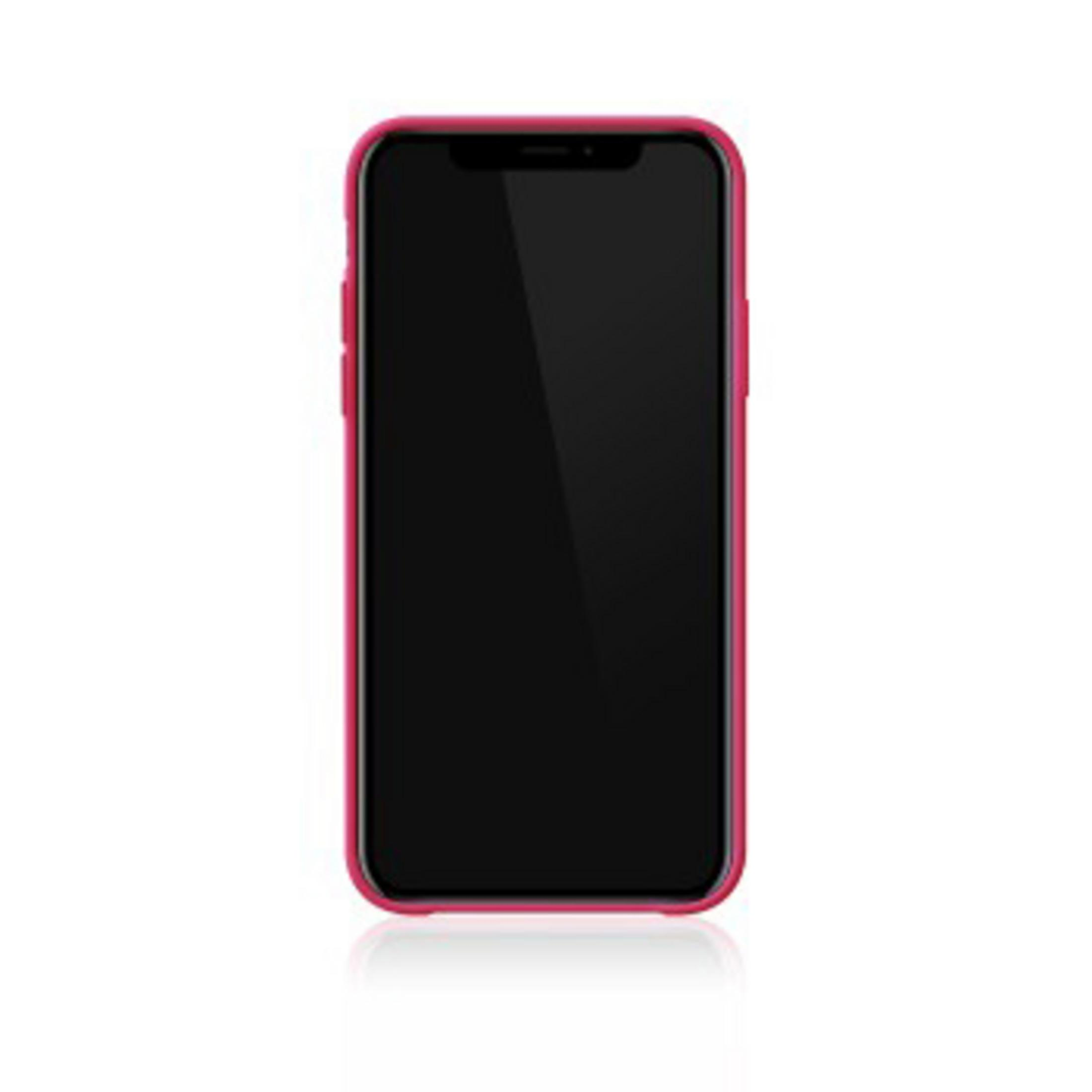 Uno smartphone scuro con custodia rosso vivo su sfondo bianco.