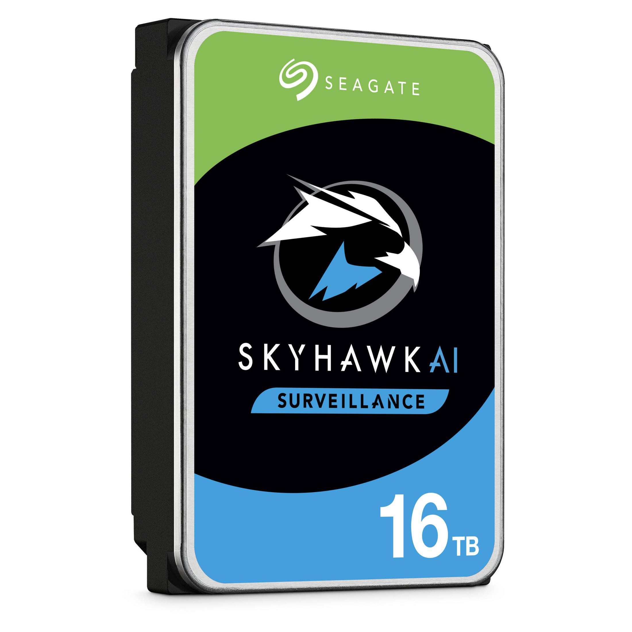 Mavi ve yeşil etiketli Seagate SkyHawk AI 16TB güvenlik sabit diski.