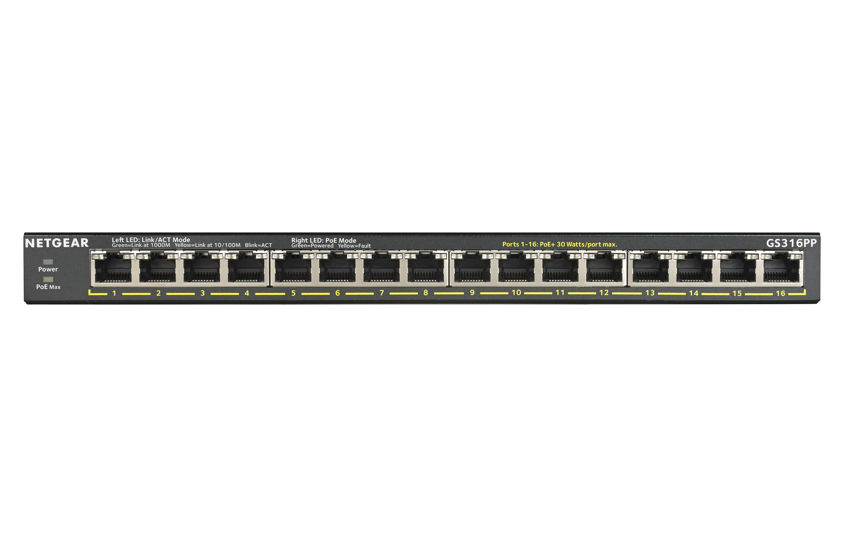 Switch Netgear GS316PP con 16 porte, indicatori Power e PoE Max.