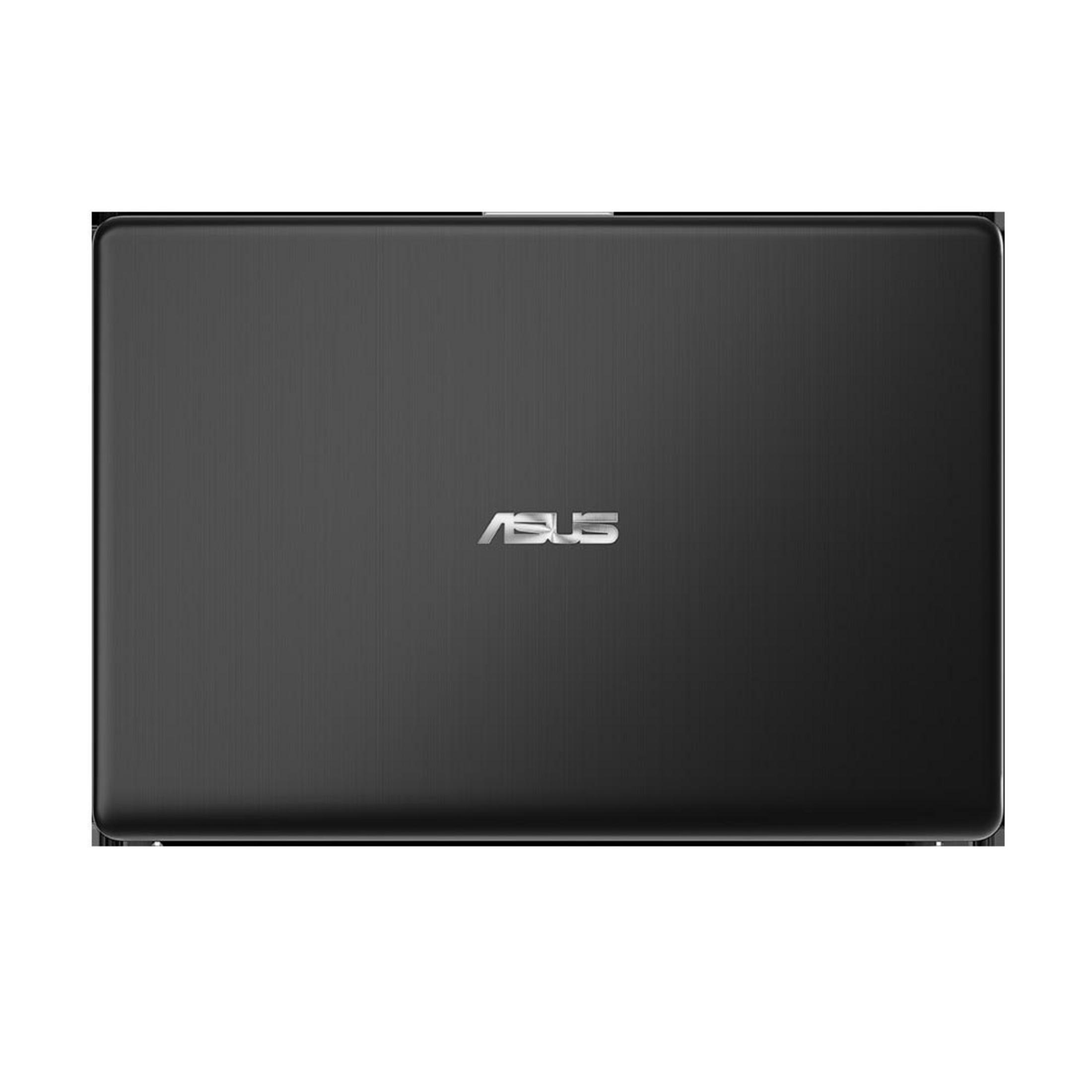 Geschlossener schwarzer Laptop mit gebürstetem Metallfinish und ASUS-Logo.