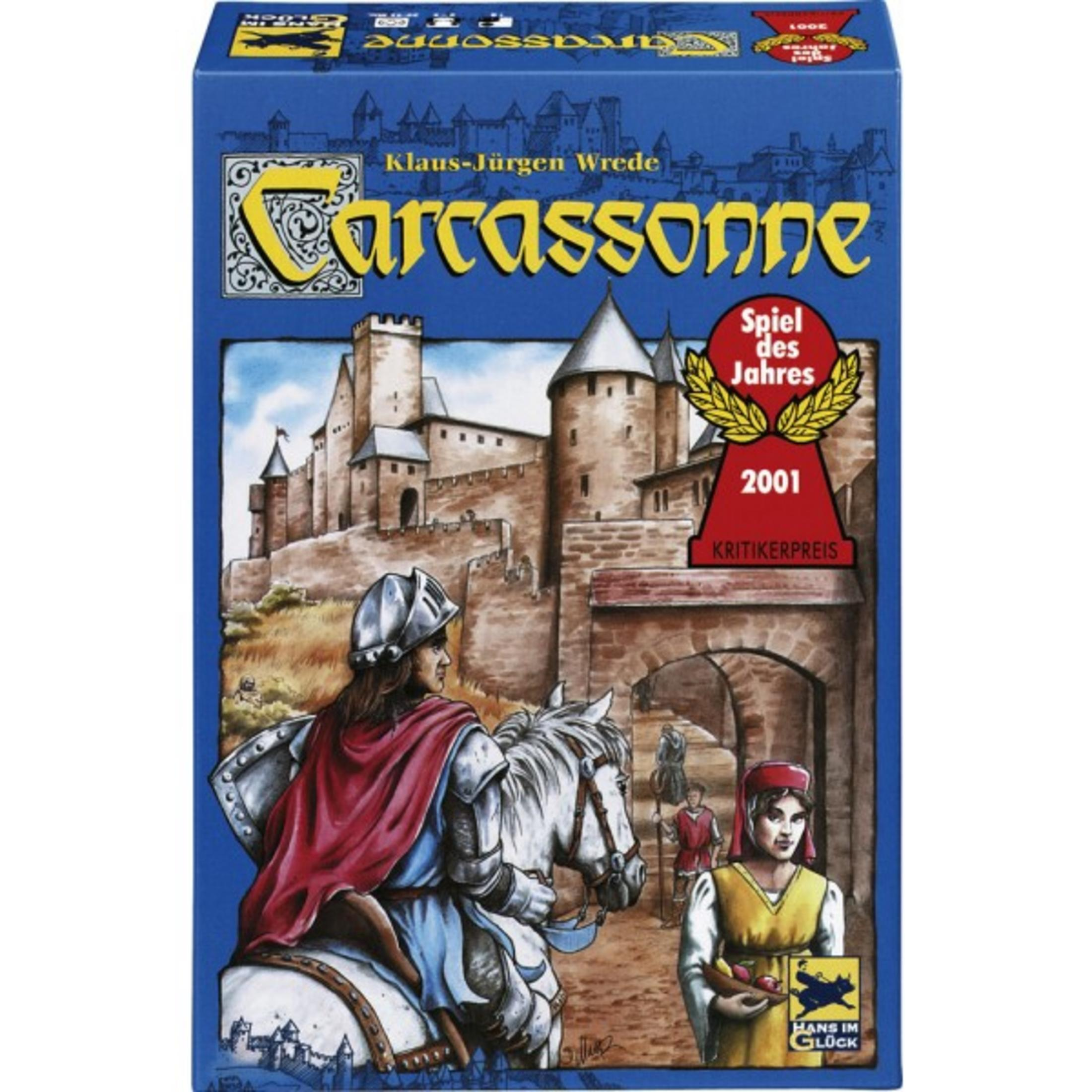 Brettspielbox "Carcassonne" mit Ritter auf Pferd und Burg-Illustration.