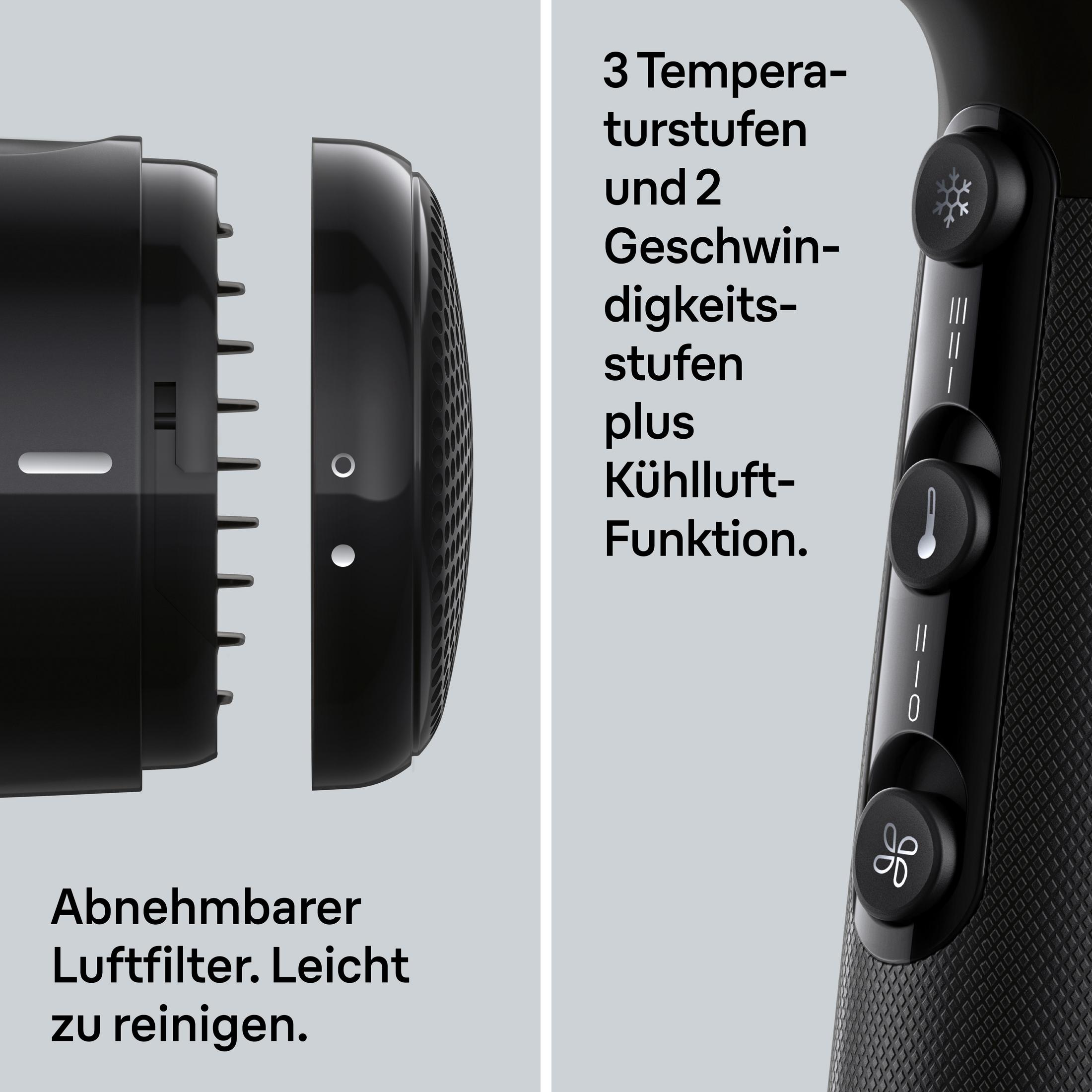 Ein schwarzer Haartrockner mit Bedienelementen und Text.