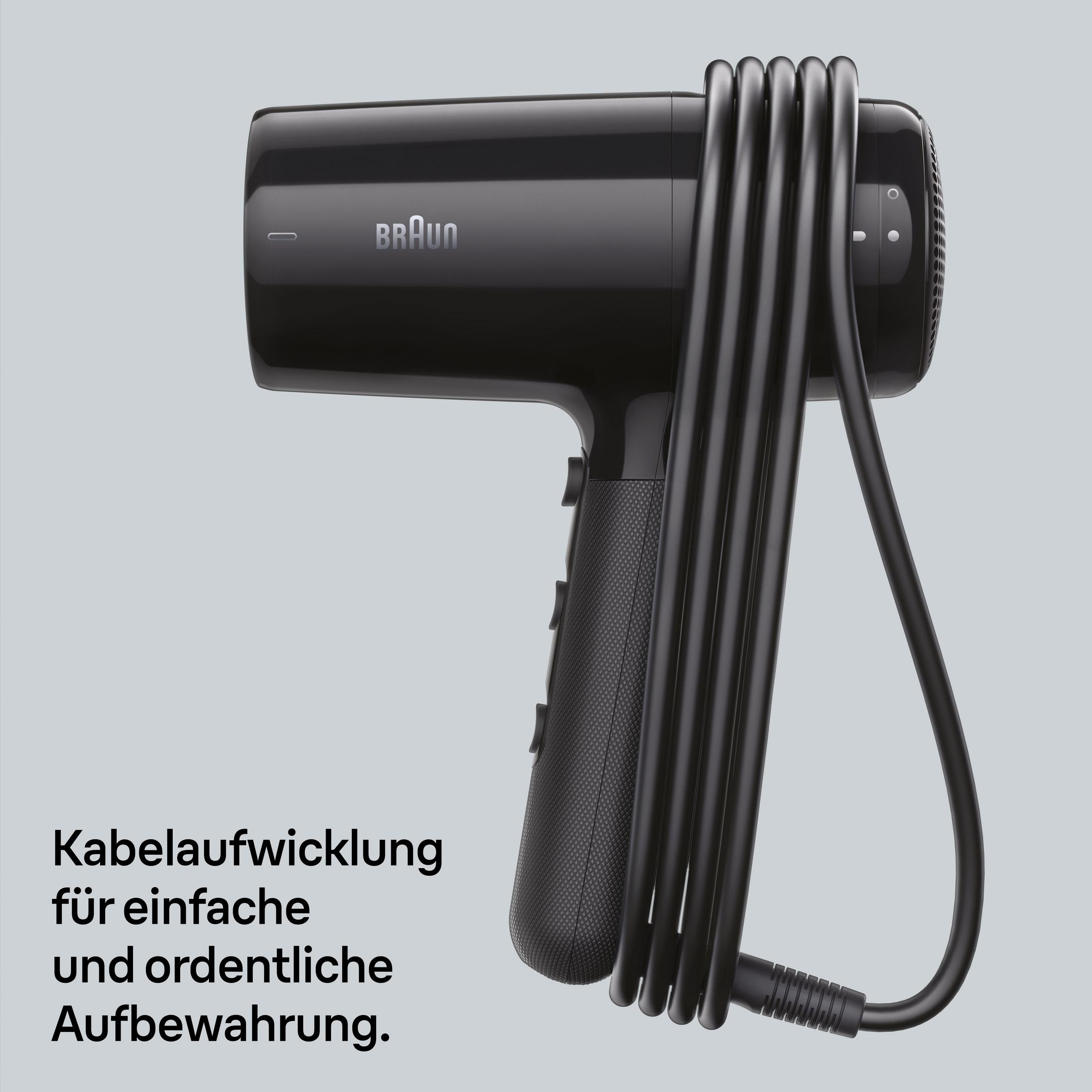 Schwarzer Braun Haartrockner mit aufgewickeltem Kabel.