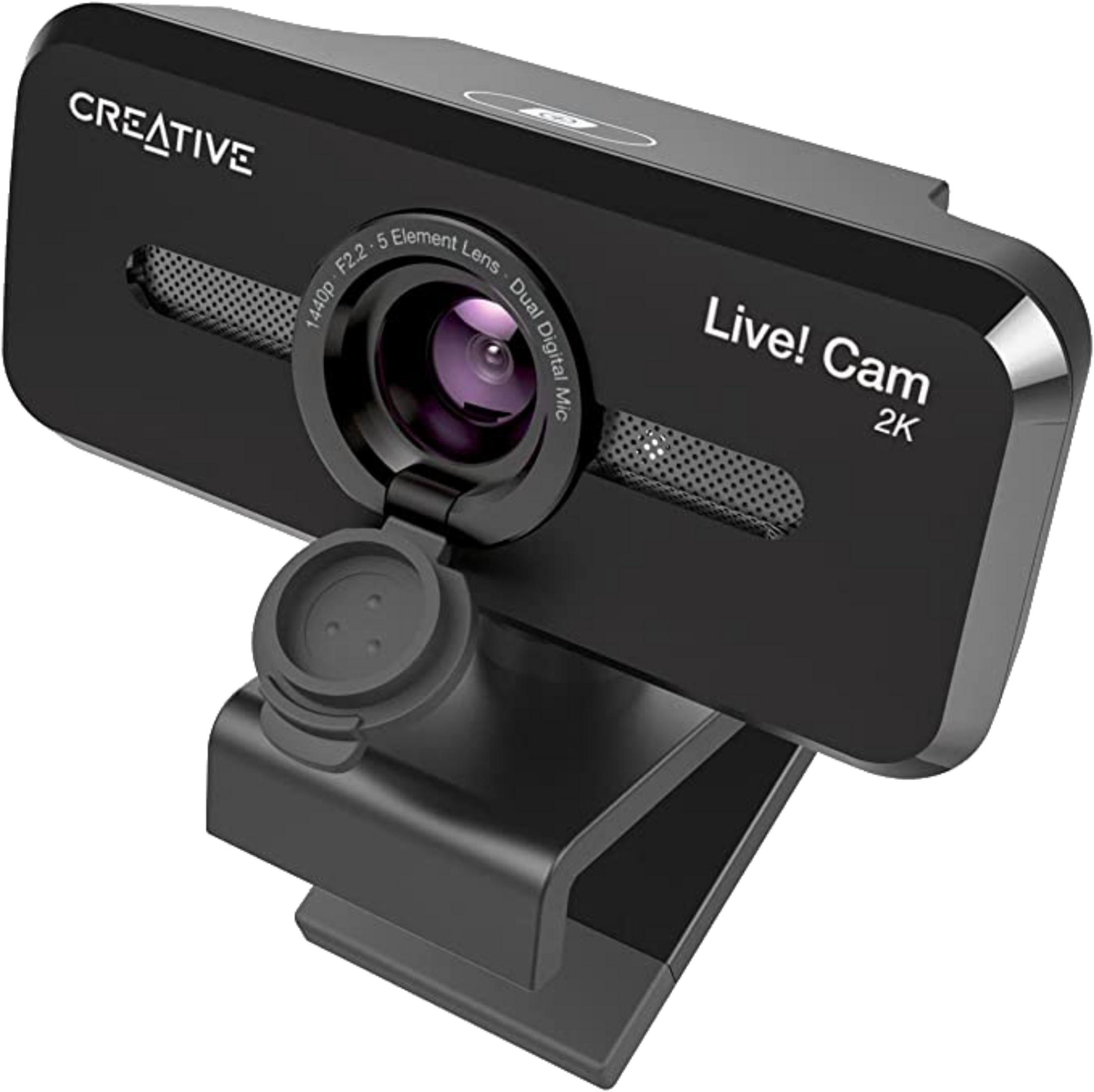 Webcam nera Creative Live! Cam 2K con copriobiettivo e supporto.