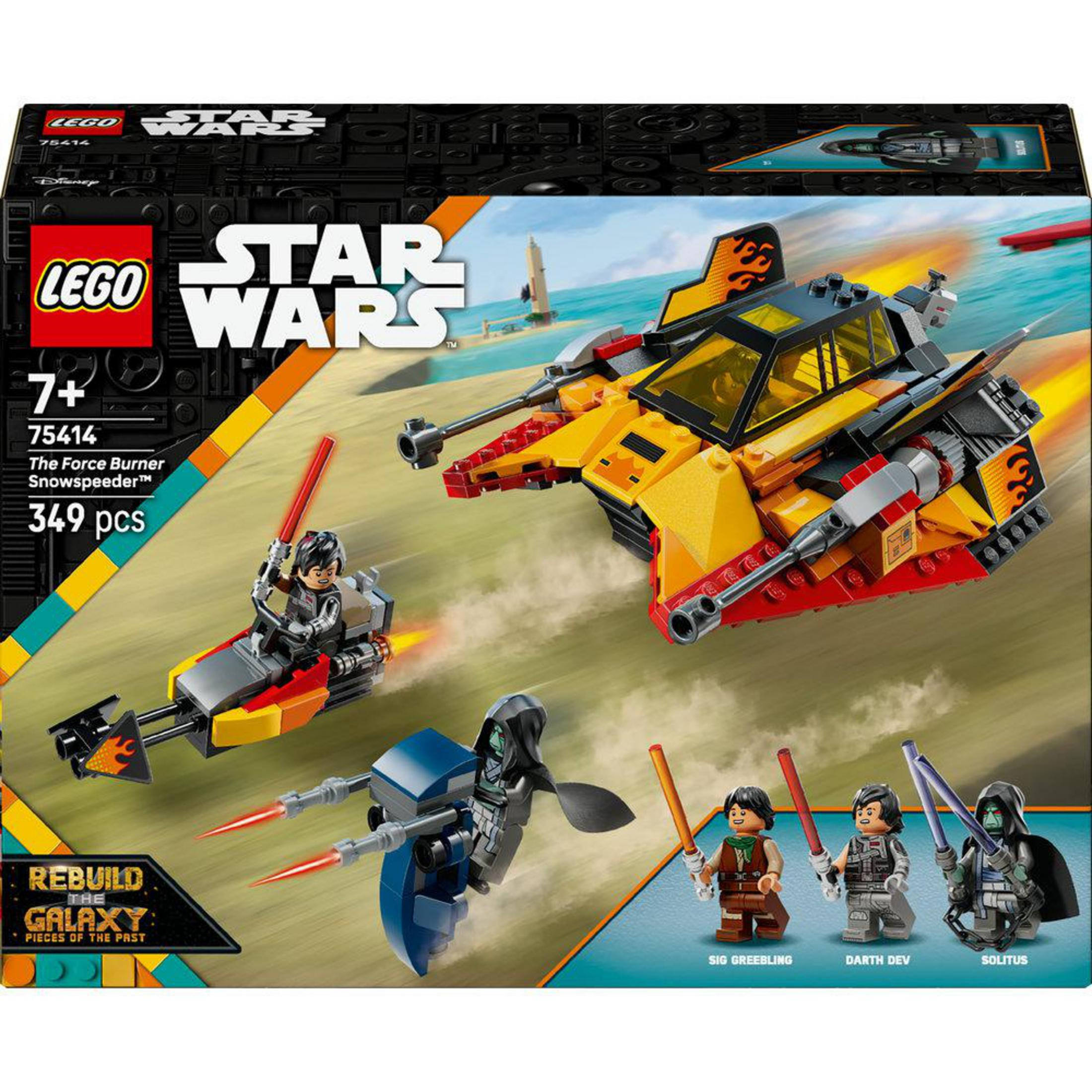 Zestaw LEGO Star Wars z statkiem kosmicznym, figurkami i krajobrazem.