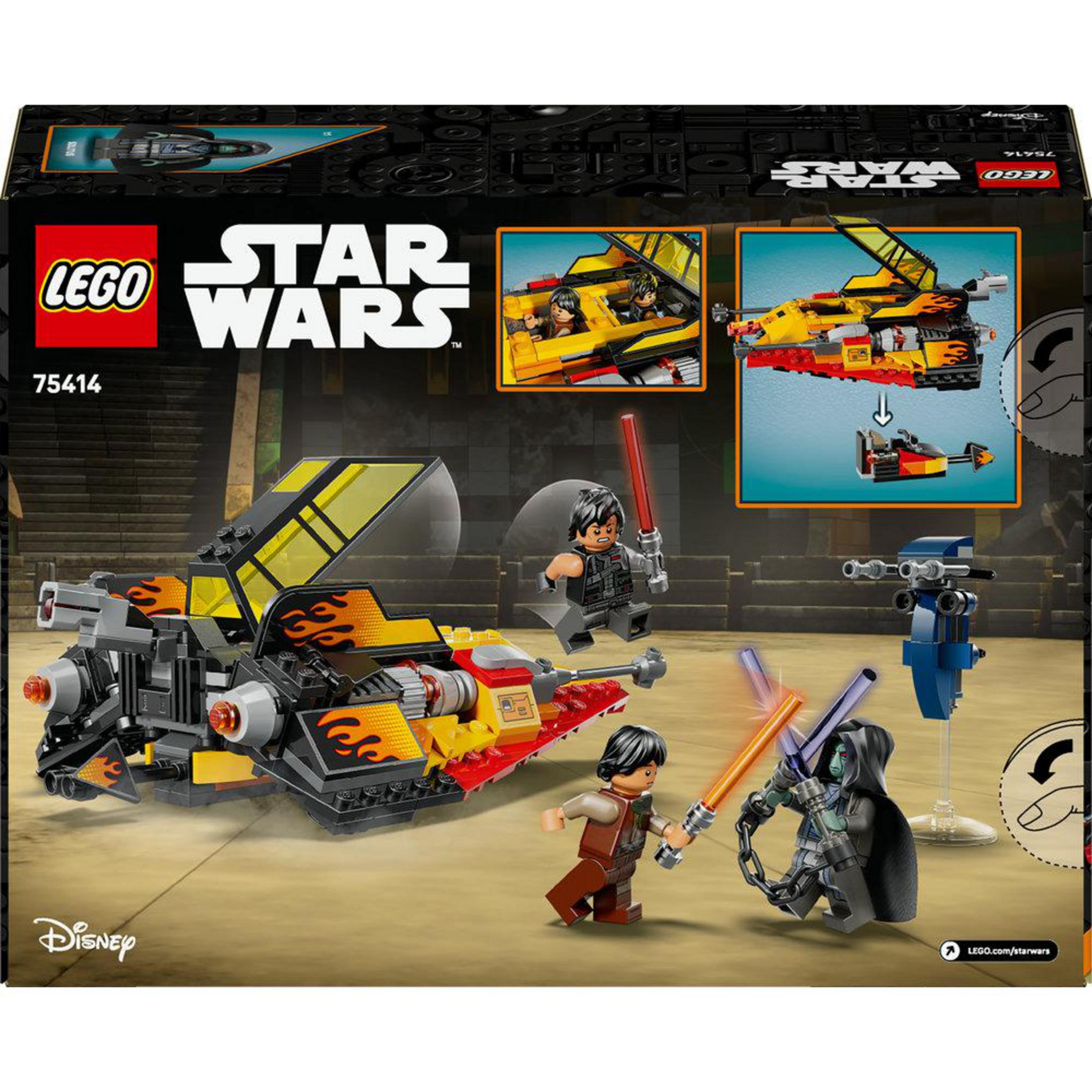 Zestaw Lego Star Wars ze statkiem kosmicznym, figurkami i bronią w scenie bitwy.