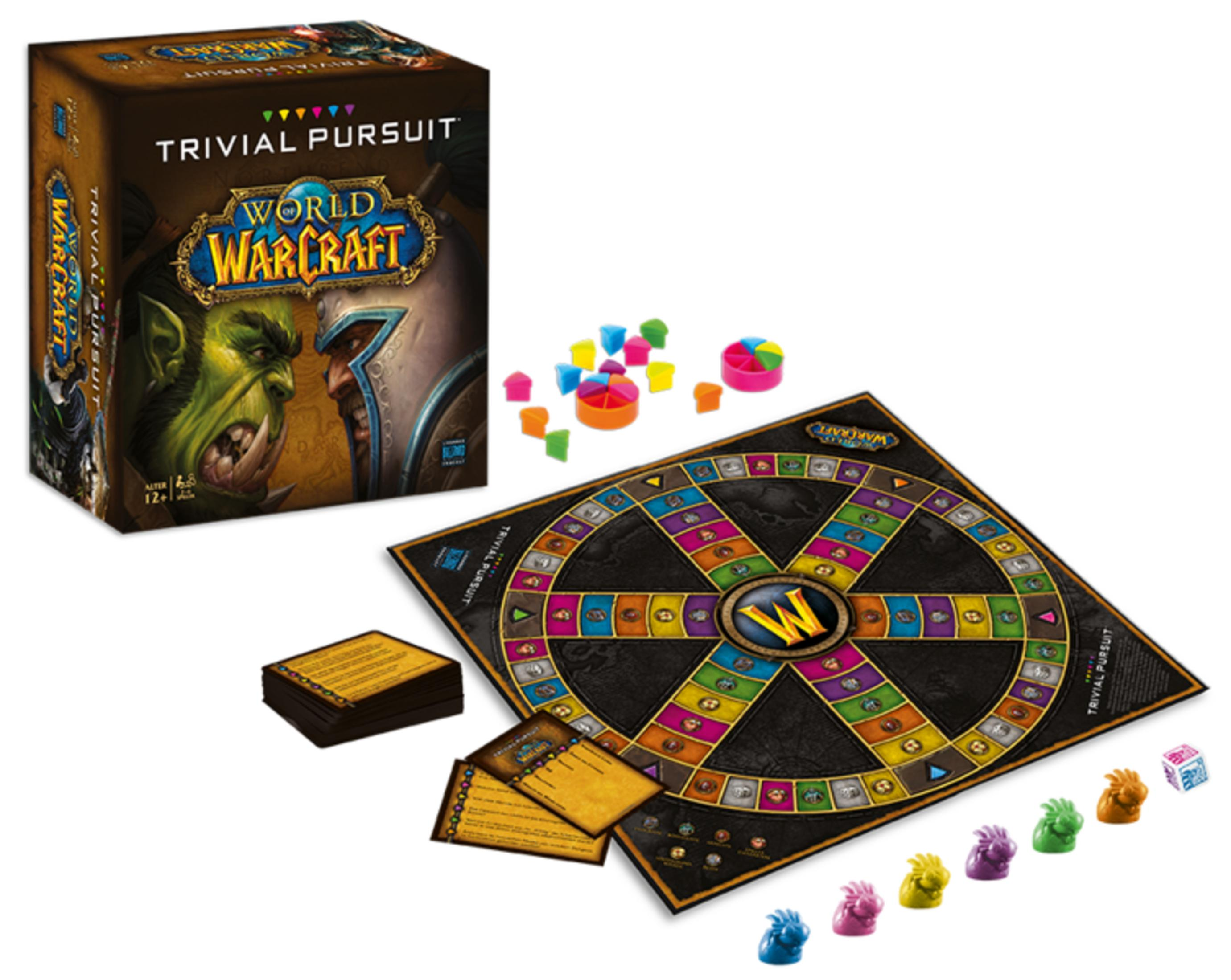 World of Warcraft Trivial Pursuit Brettspiel mit Box, Spielbrett, Karten, Spielfiguren und Würfel.