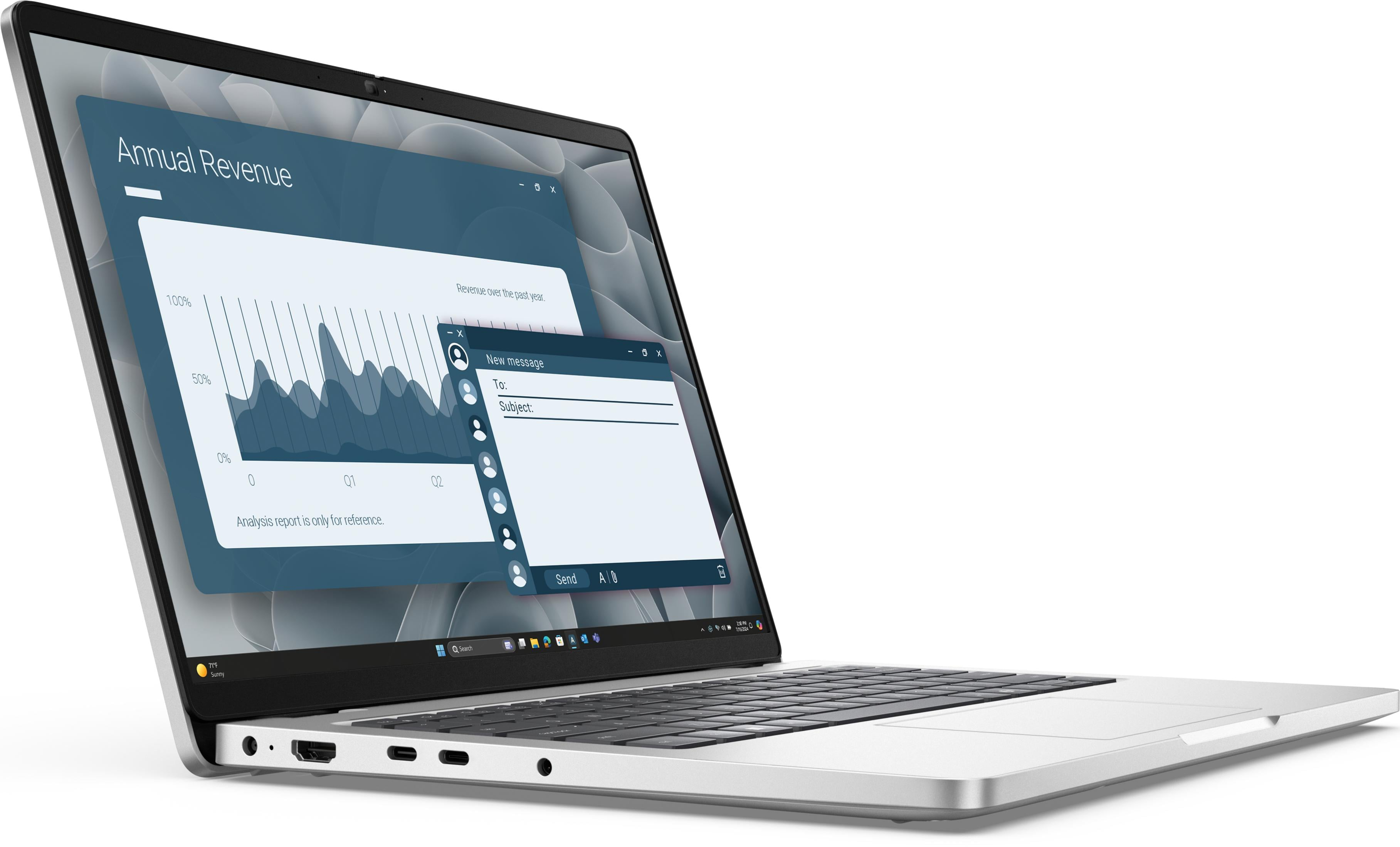 Laptop wyświetla raport finansowy i wiadomość e-mail na ekranie.